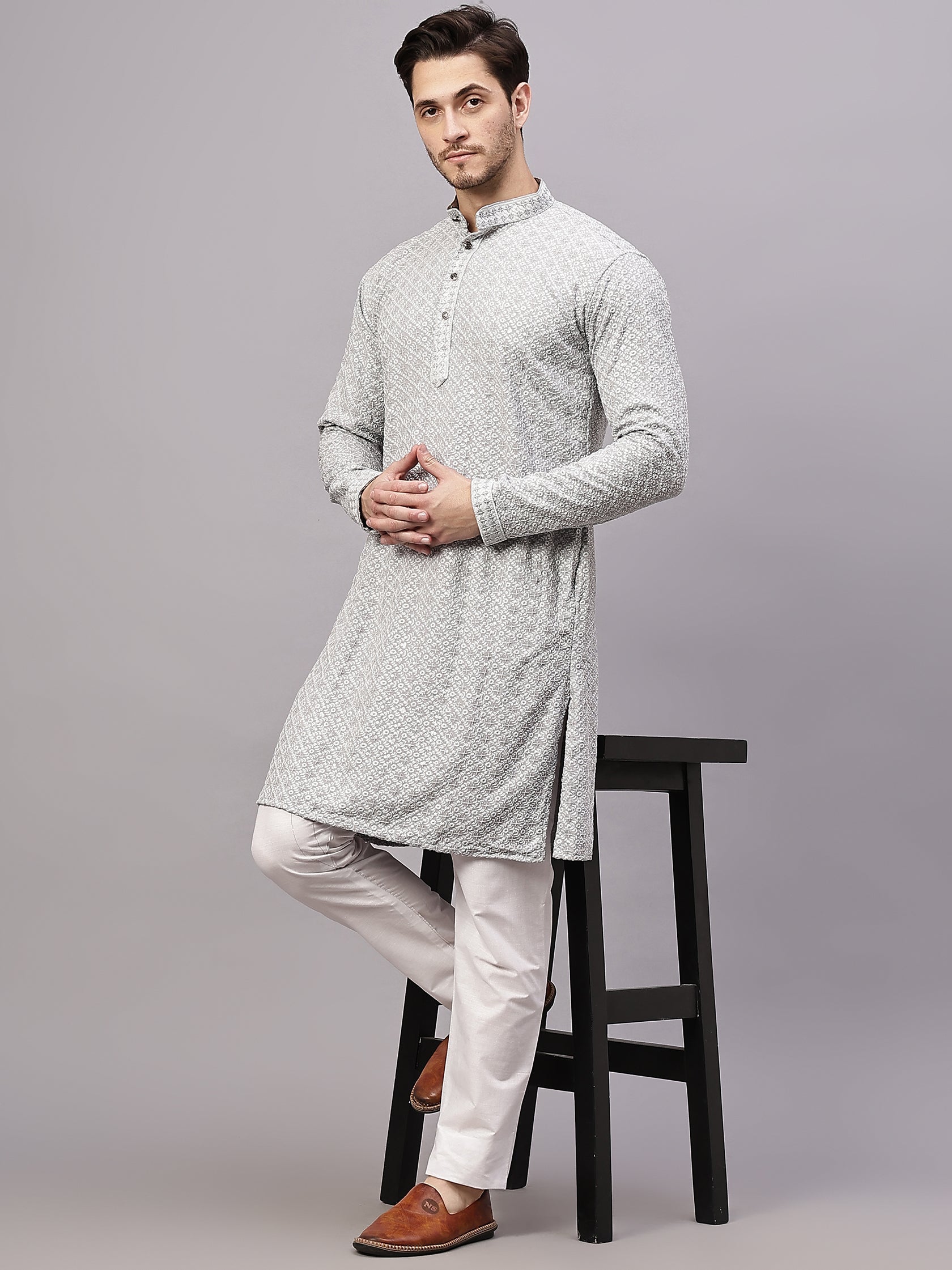 FireFish Men's Pista Chikankari Florist Sequined Long Kurta Set