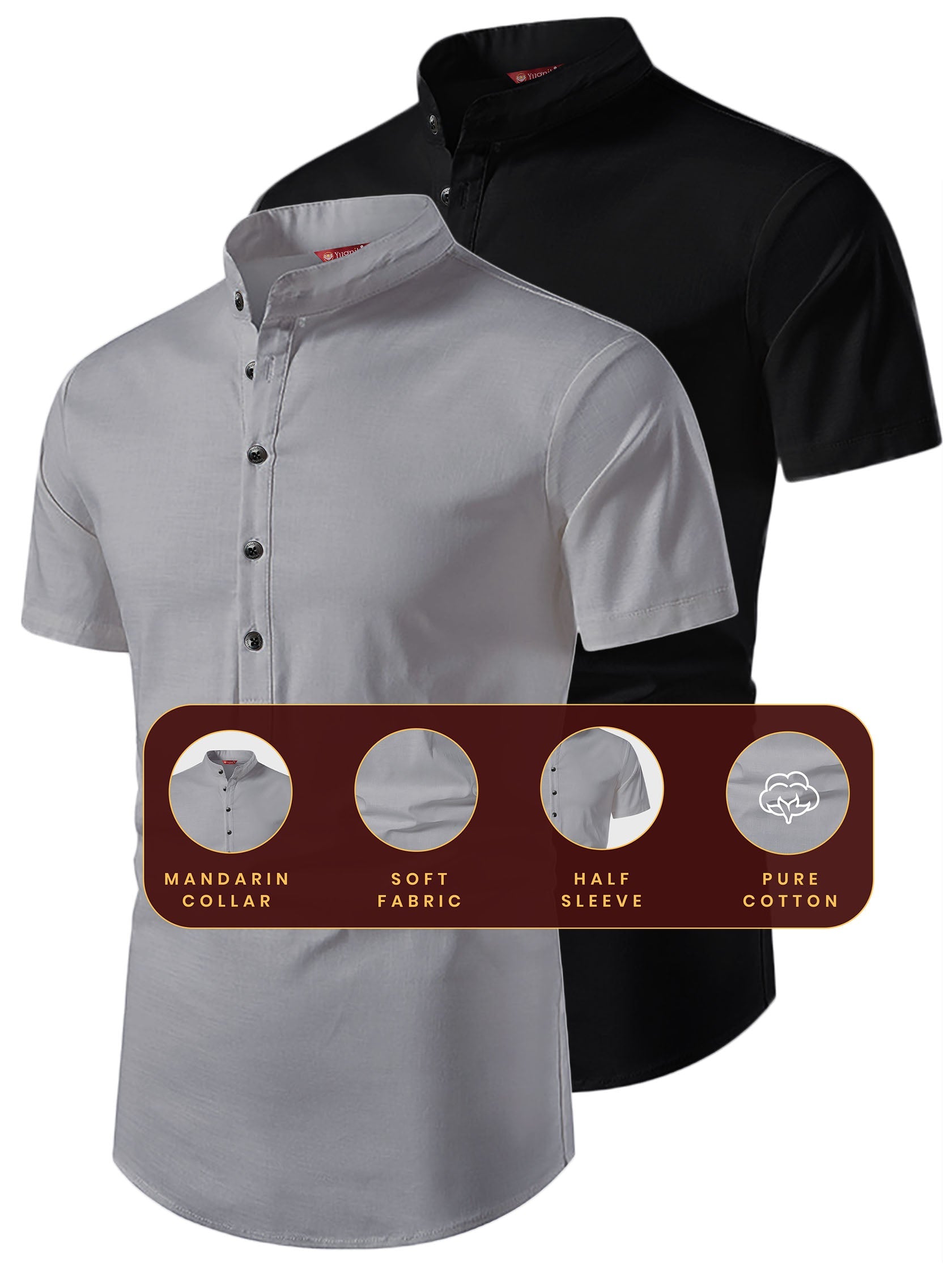 FireFish Men's Slim Fit Beige with Black Color Pure Cotton Half Sleeve Short Kurta Pack 2