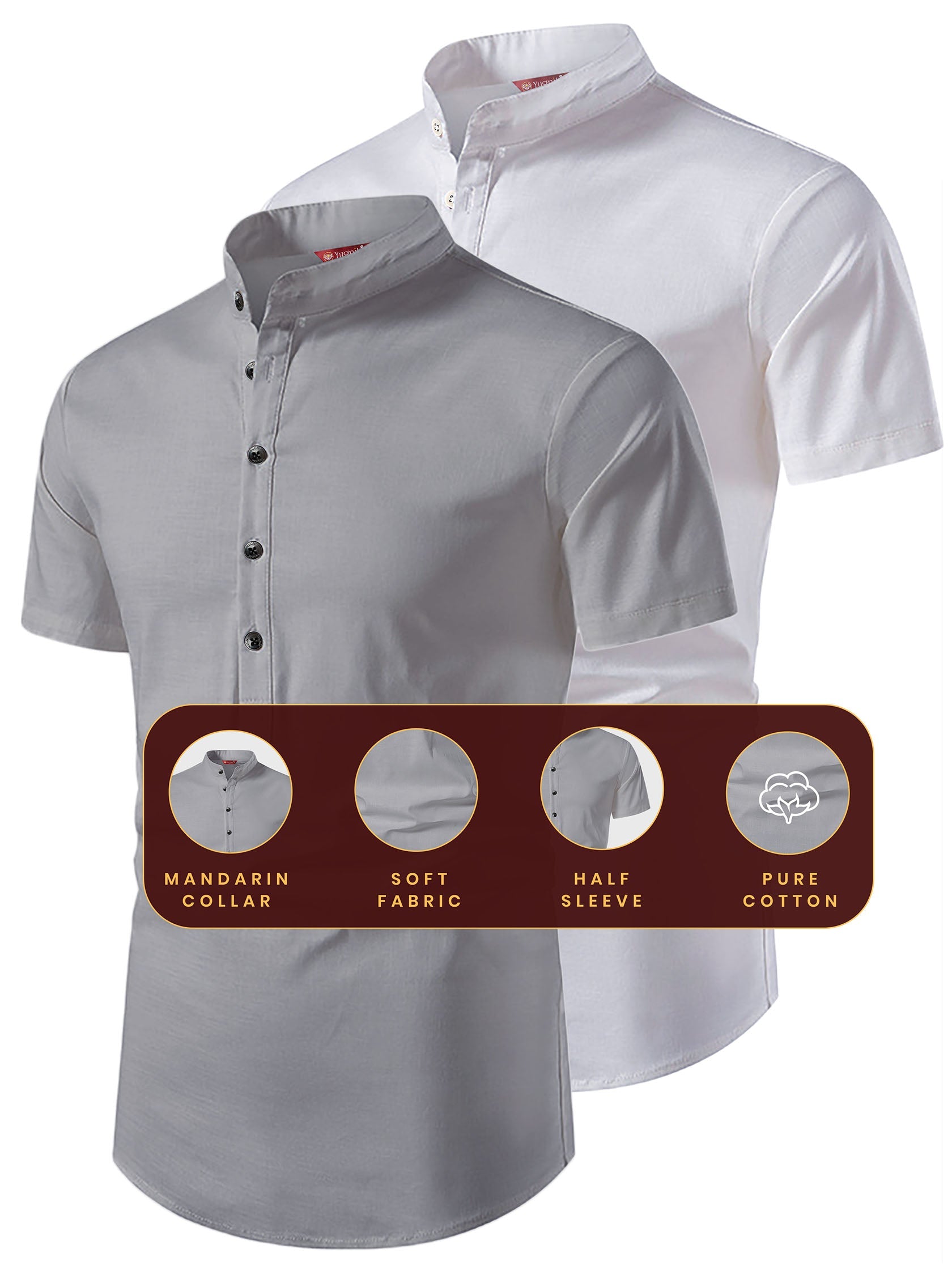 FireFish Men's Slim Fit Beige with White Color Pure Cotton Half Sleeve Short Kurta Pack 2