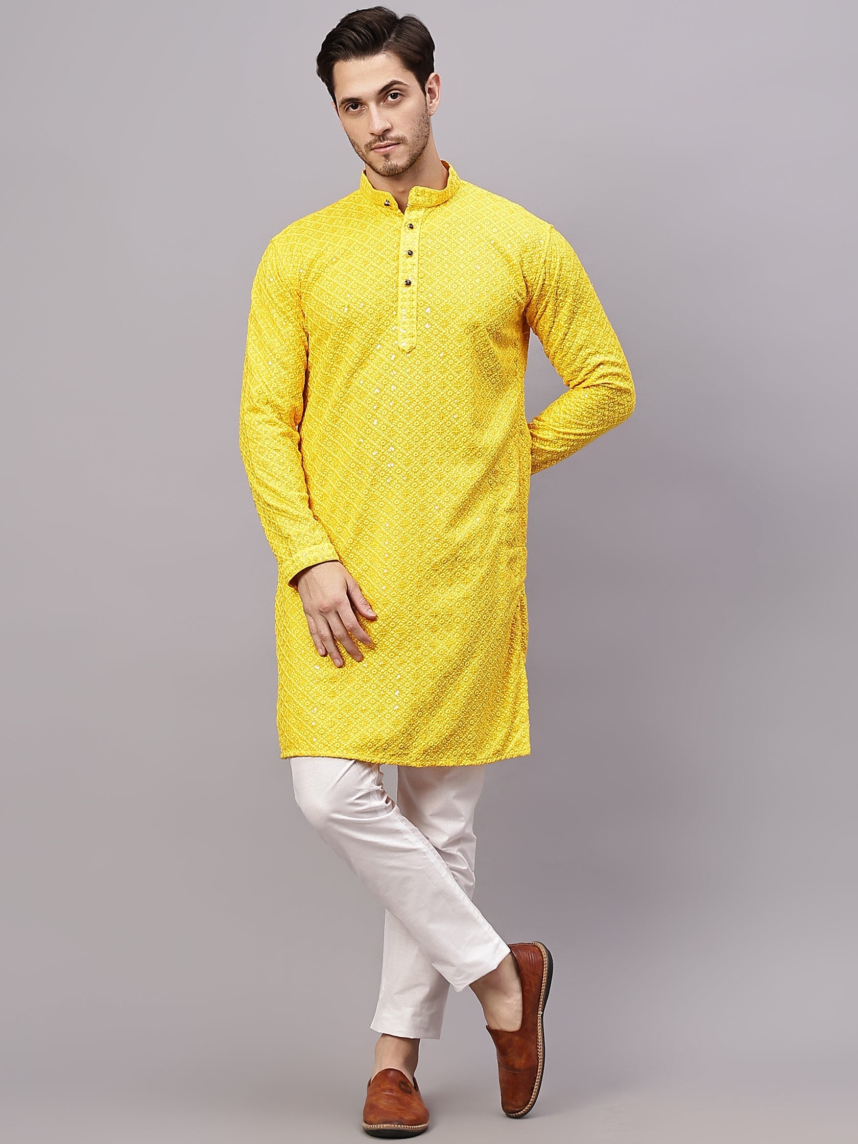 FireFish Men's Pista Chikankari Florist Sequined Long Kurta Set