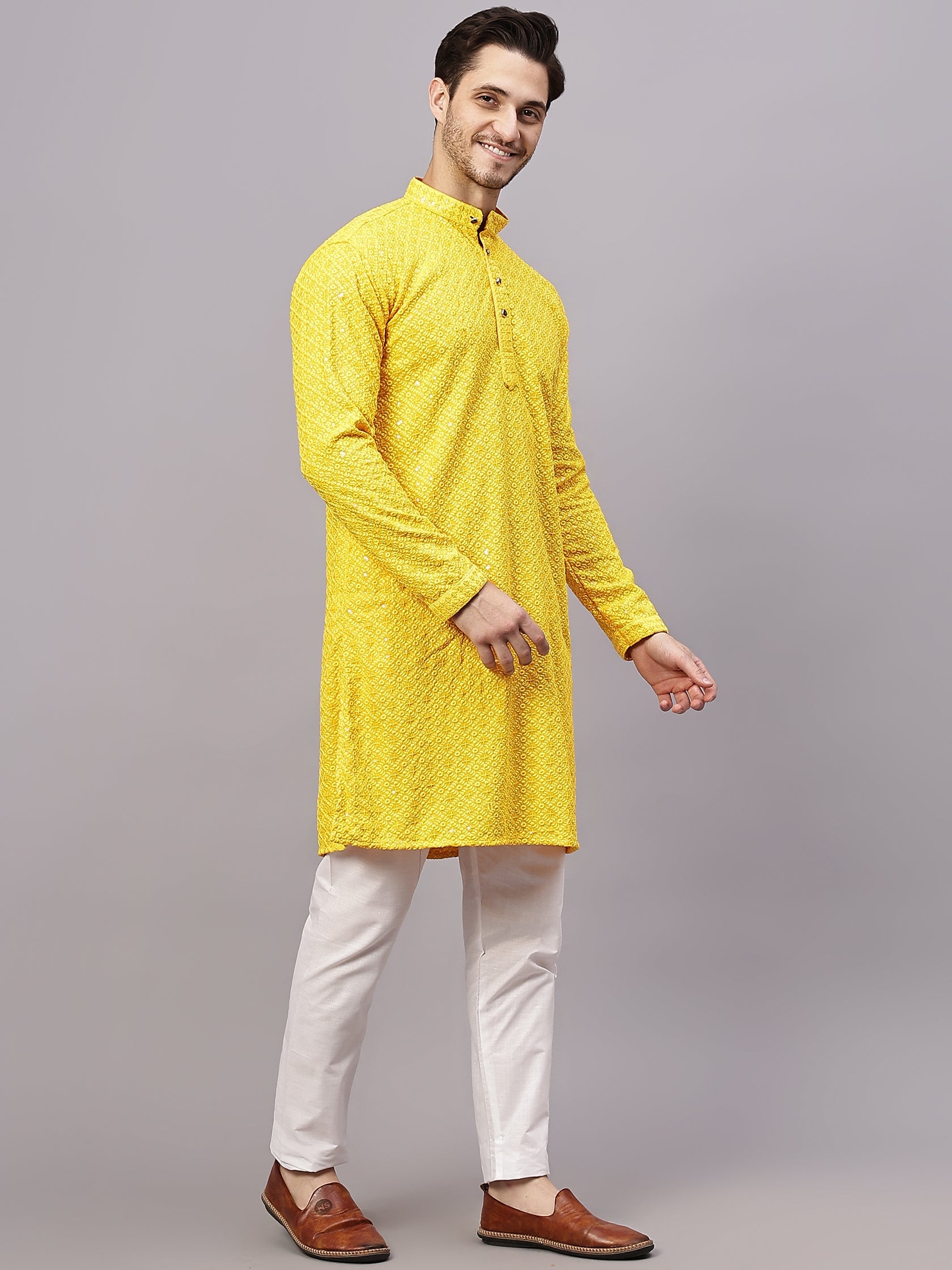 FireFish Men's Pista Chikankari Florist Sequined Long Kurta Set