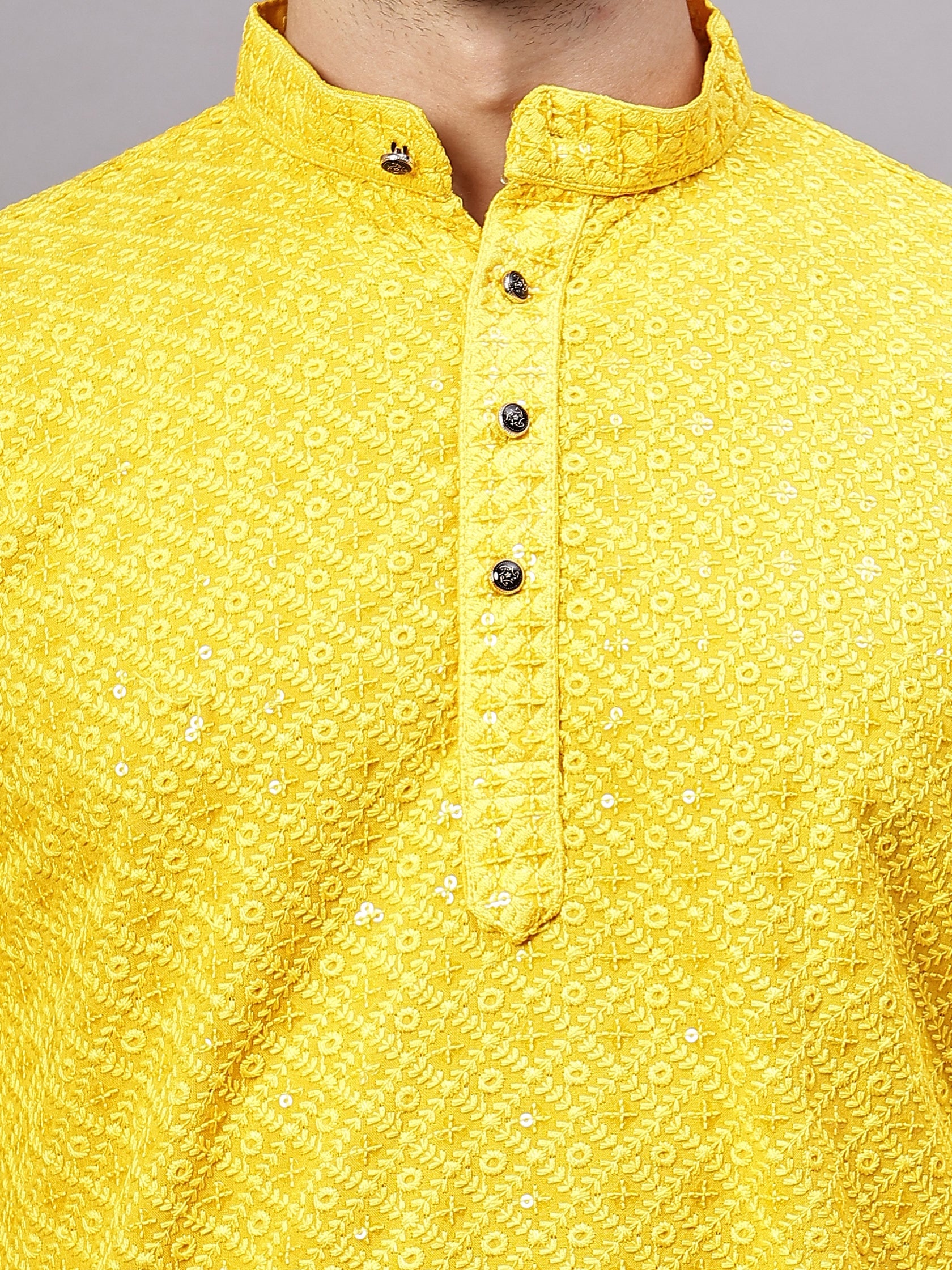 FireFish Men's Pista Chikankari Florist Sequined Long Kurta Set