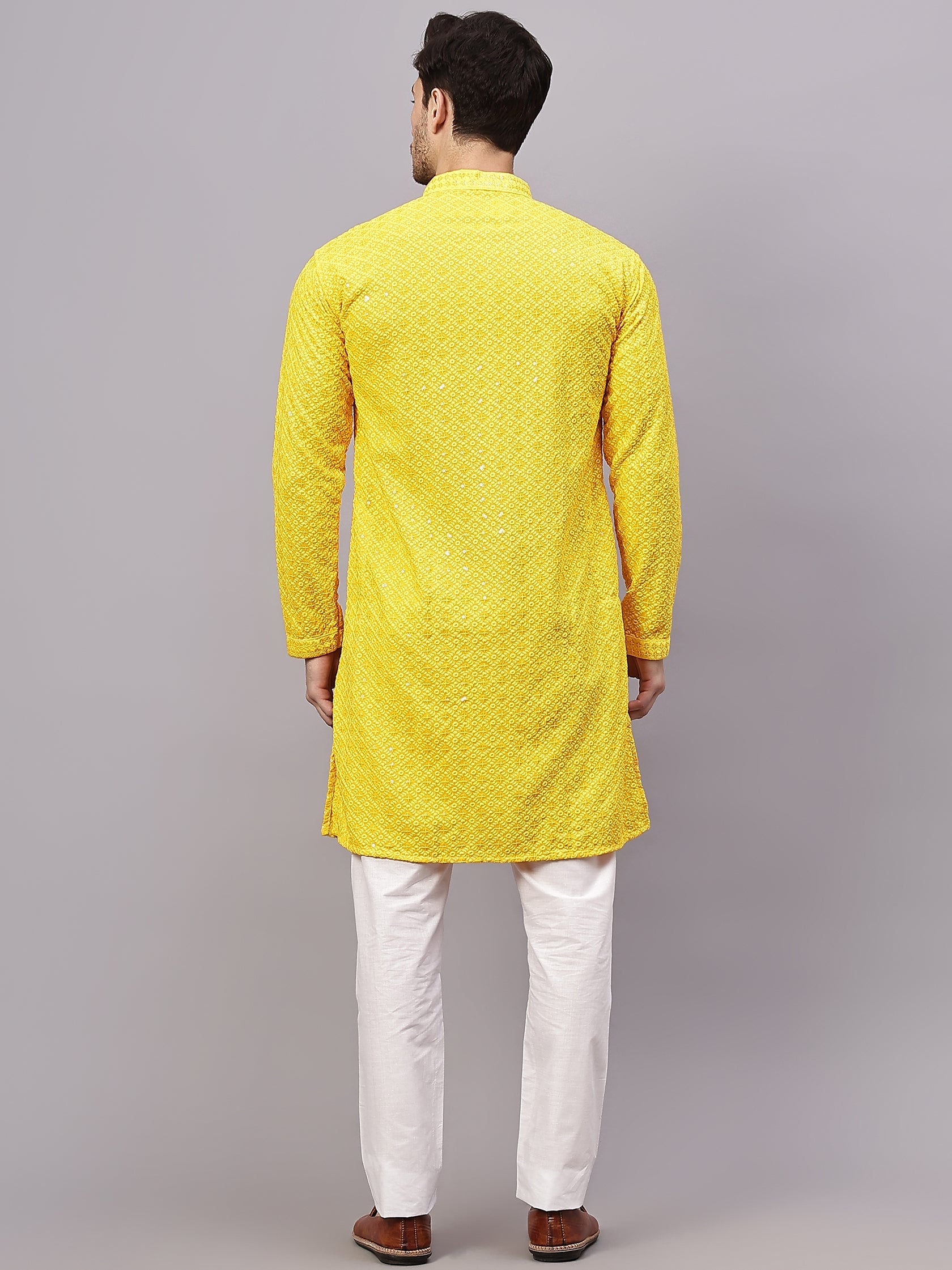 FireFish Men's Pista Chikankari Florist Sequined Long Kurta Set