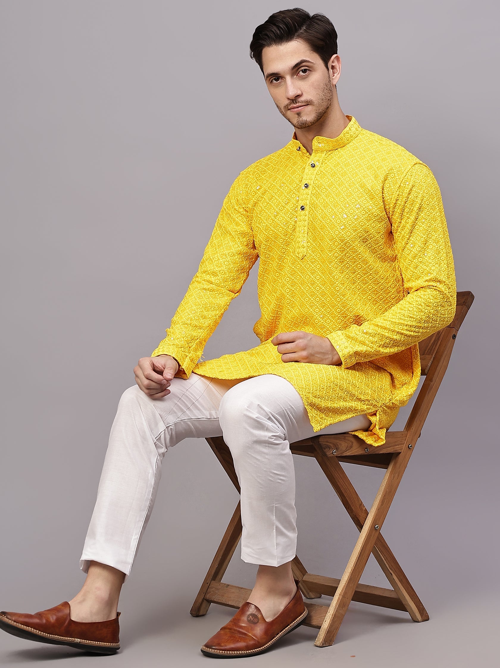 FireFish Men's Pista Chikankari Florist Sequined Long Kurta Set