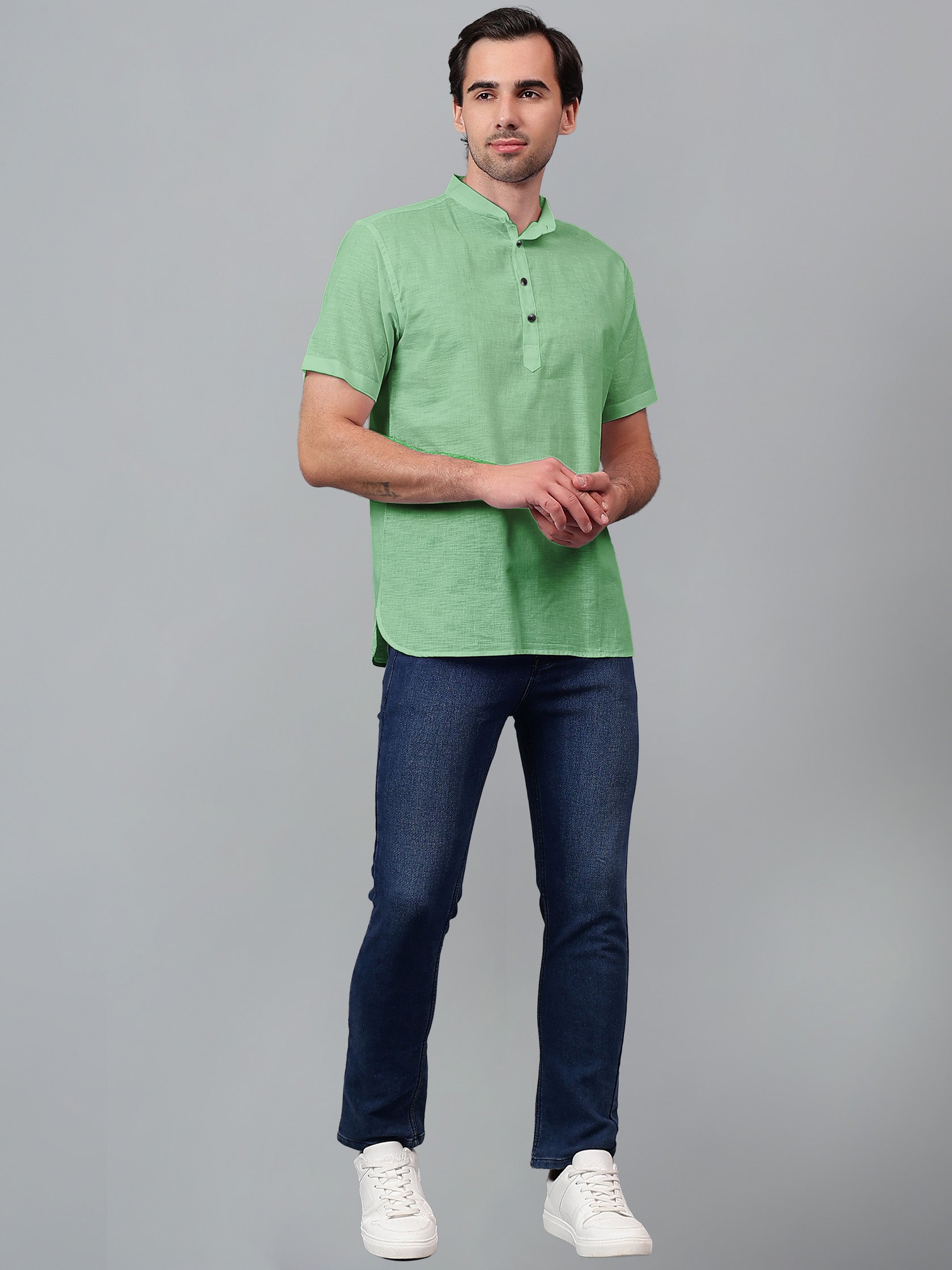 FireFish Men's Slim Fit Beige with White Color Pure Cotton Half Sleeve Short Kurta Pack 2