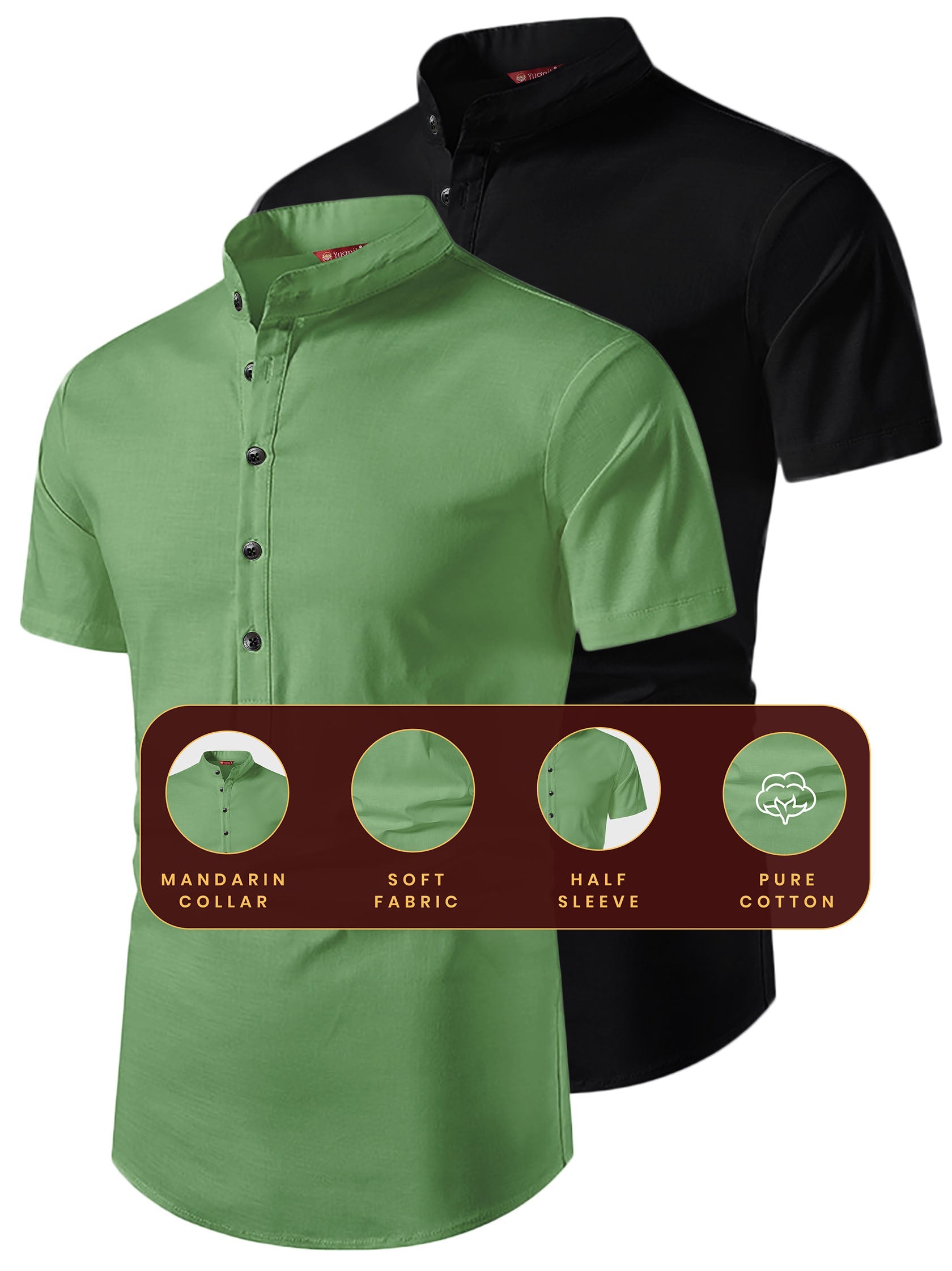 FireFish Men's Slim Fit Beige with Black Color Pure Cotton Half Sleeve Short Kurta Pack 2