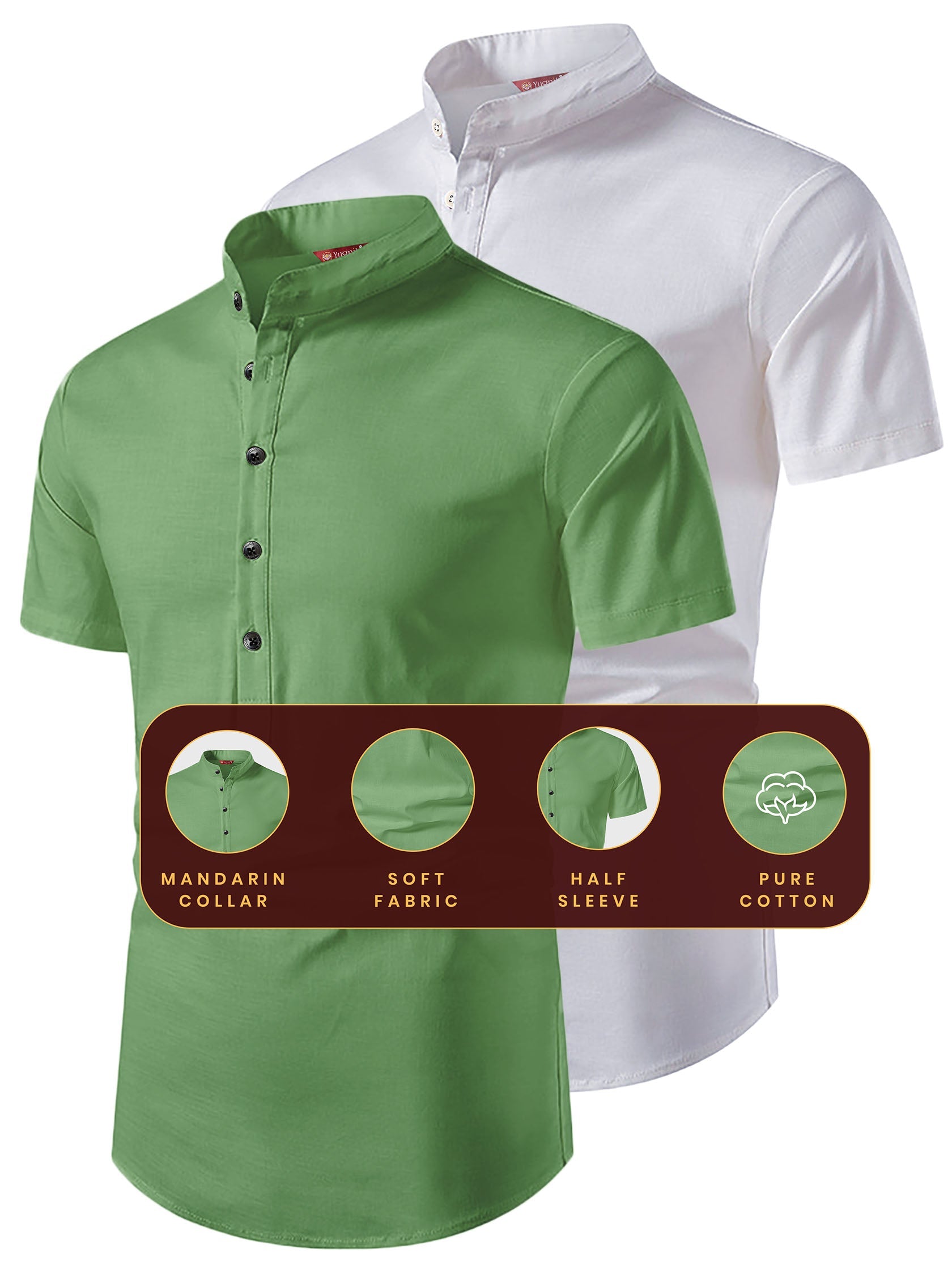 FireFish Men's Slim Fit Beige with White Color Pure Cotton Half Sleeve Short Kurta Pack 2