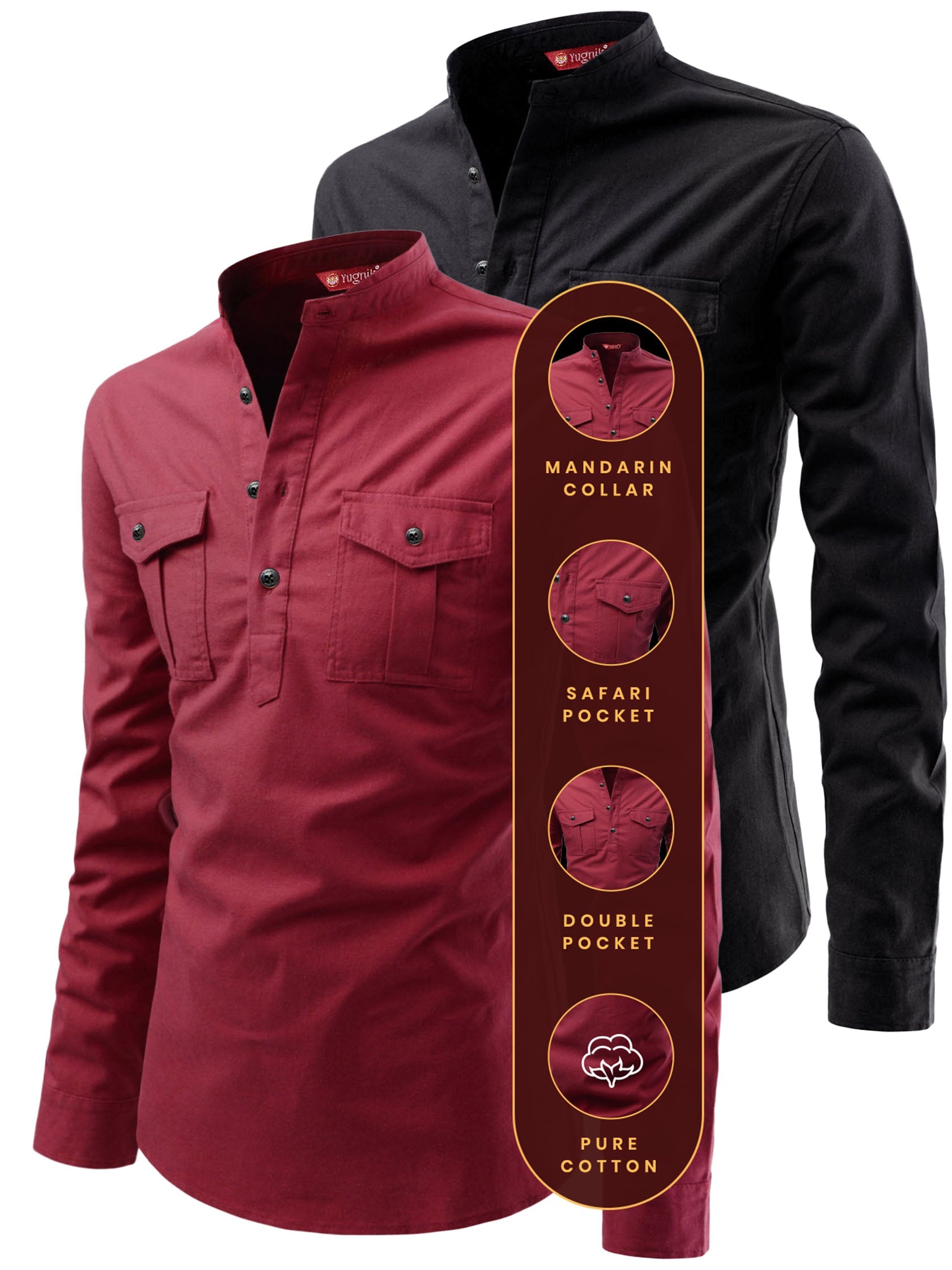 FireFish Men's Slim Fit Double Pocket Beige With Black Cotton Short Kurta Pack 2