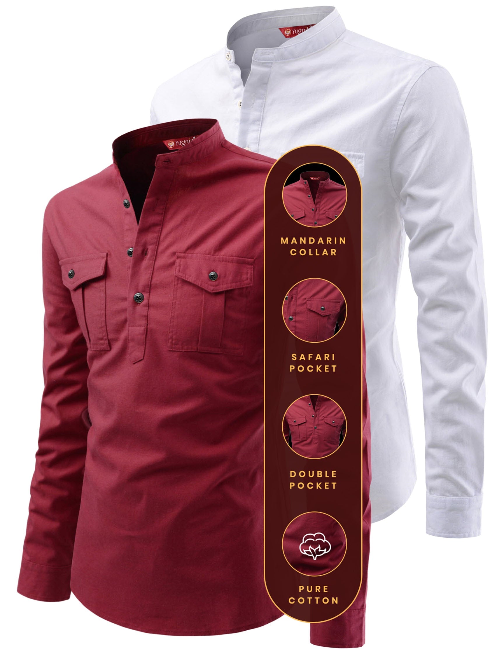FireFish Men's Slim Fit Double Pocket Beige With White Cotton Short Kurta Pack 2