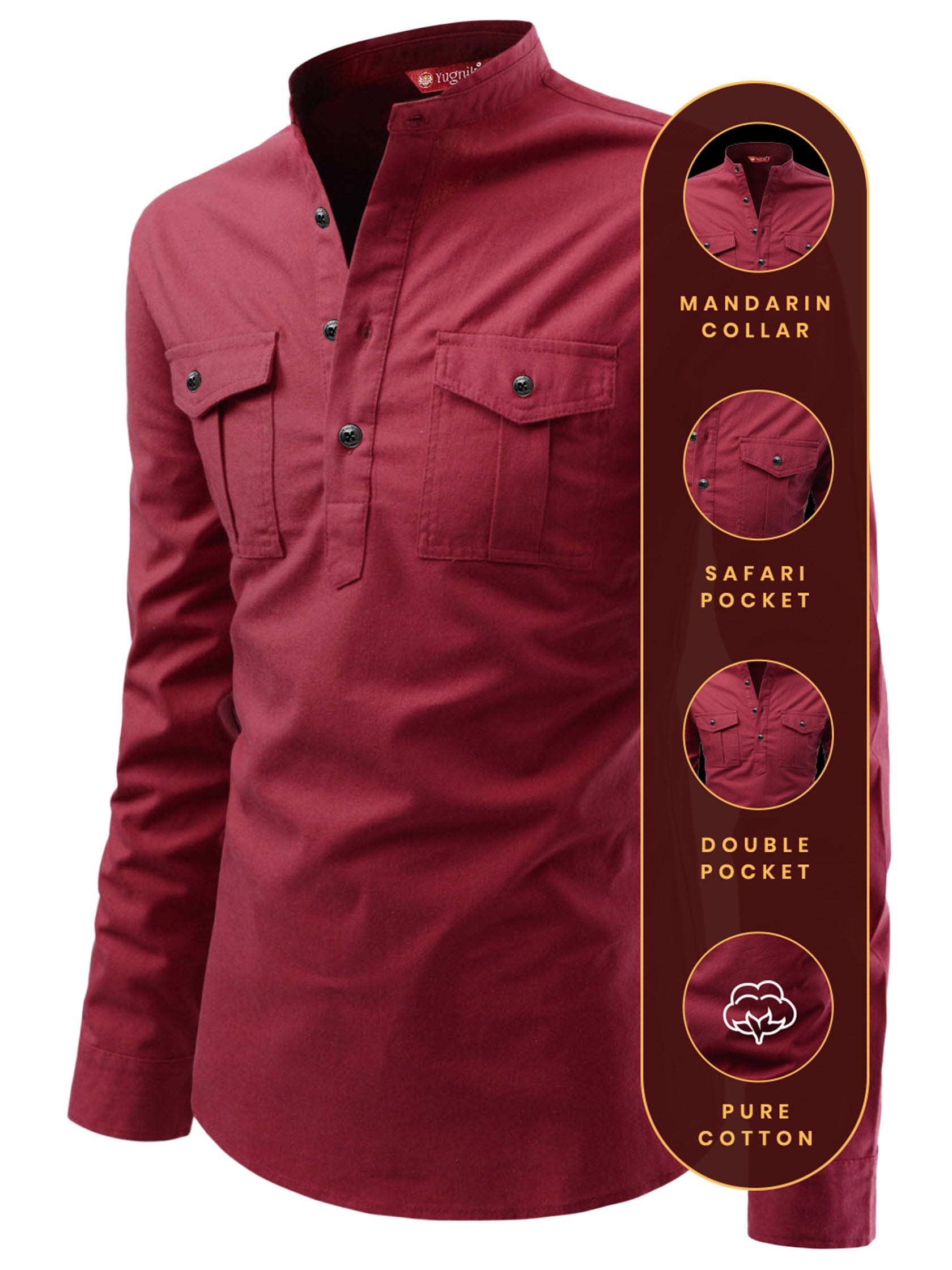 FireFish Men's Slim Fit Double Pocket Beige Color Pure Cotton Short Kurta
