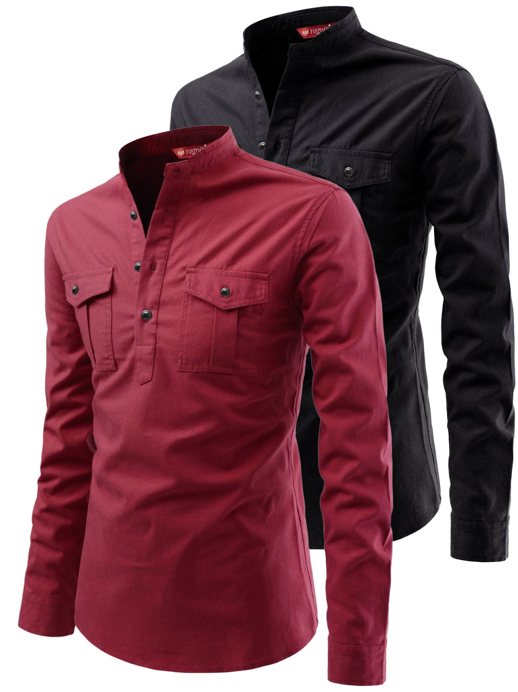 FireFish Men's Slim Fit Double Pocket Beige With Black Cotton Short Kurta Pack 2