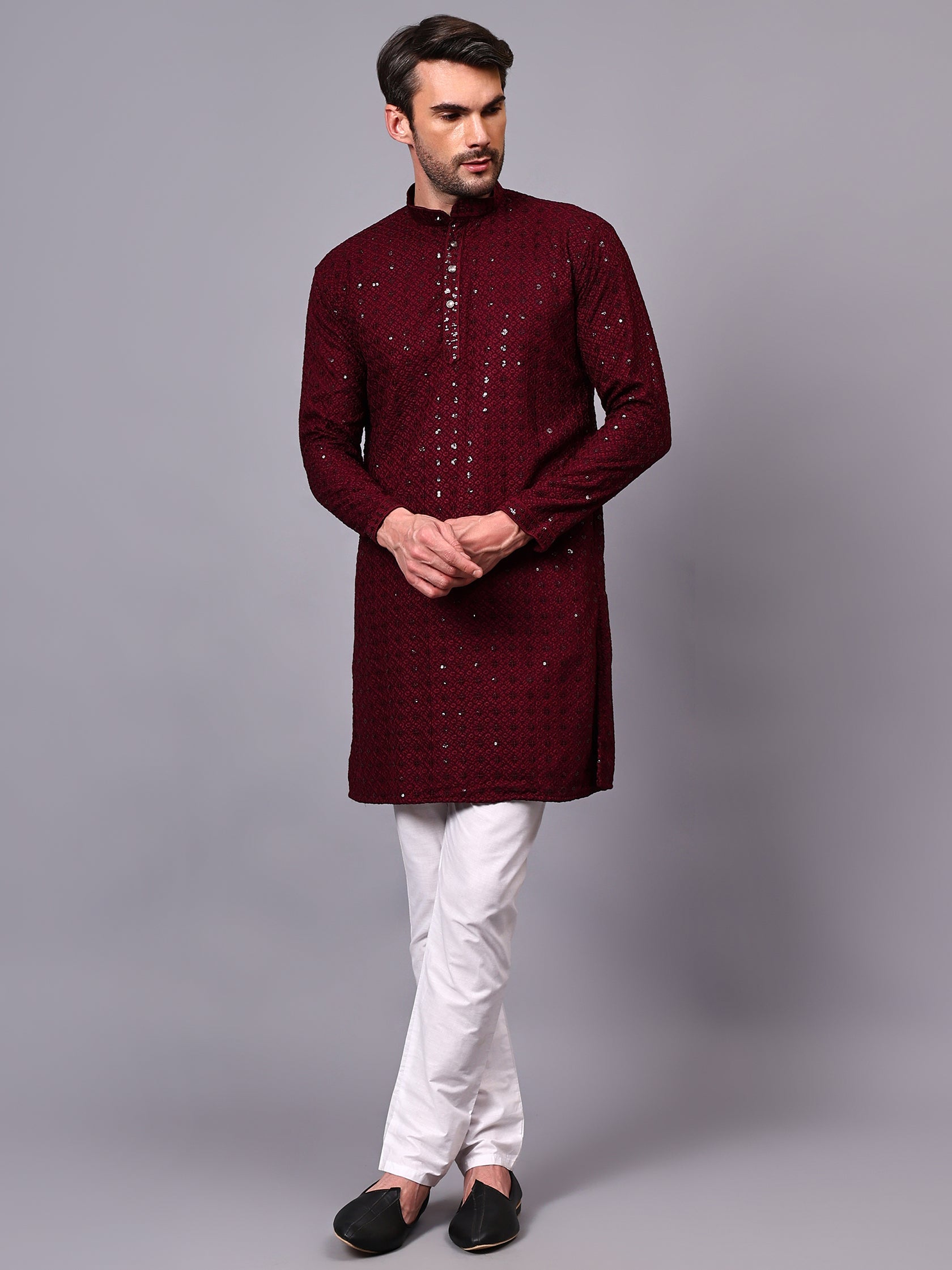 FireFish Men's Pista Chikankari Florist Sequined Long Kurta Set