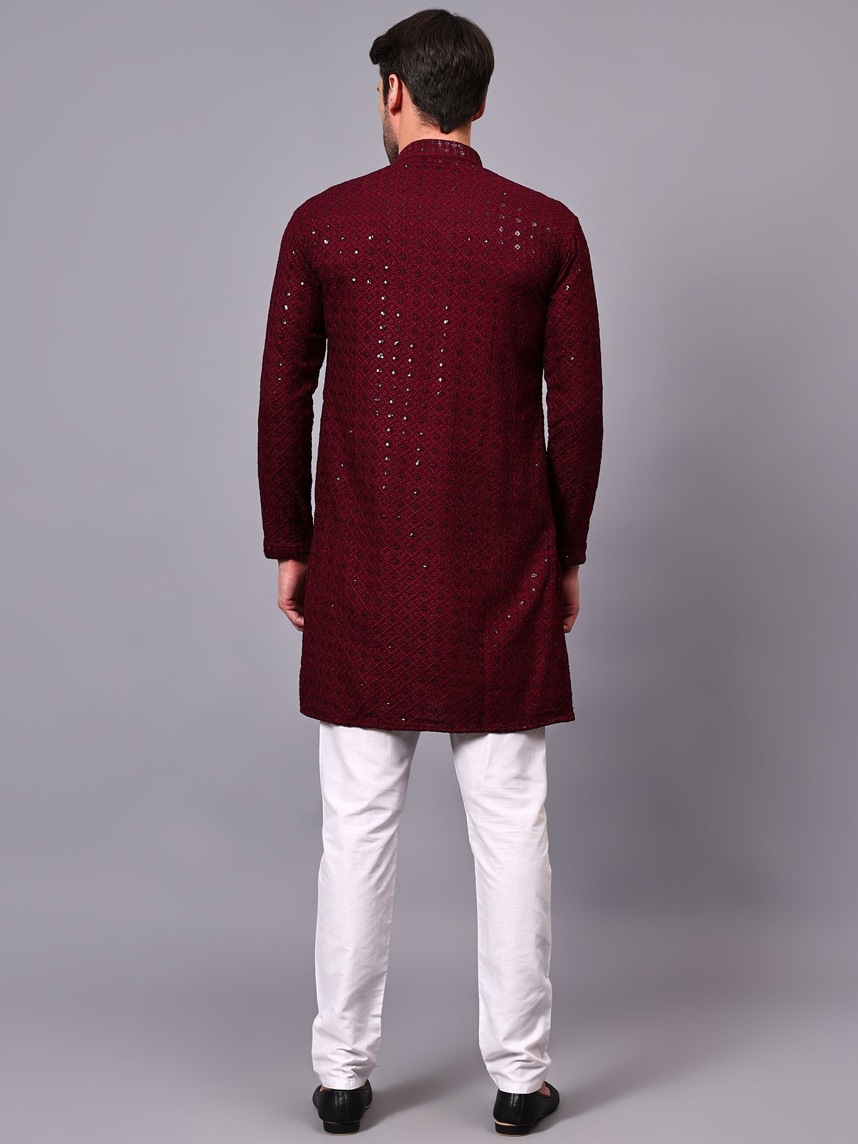 FireFish Men's Pista Chikankari Florist Sequined Long Kurta Set