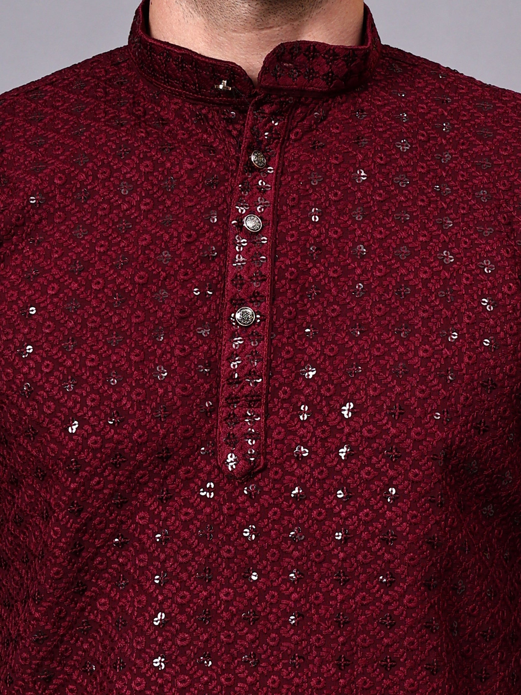 FireFish Men's Pista Chikankari Florist Sequined Long Kurta Set