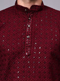 FireFish Men's Pista Chikankari Florist Sequined Long Kurta Set