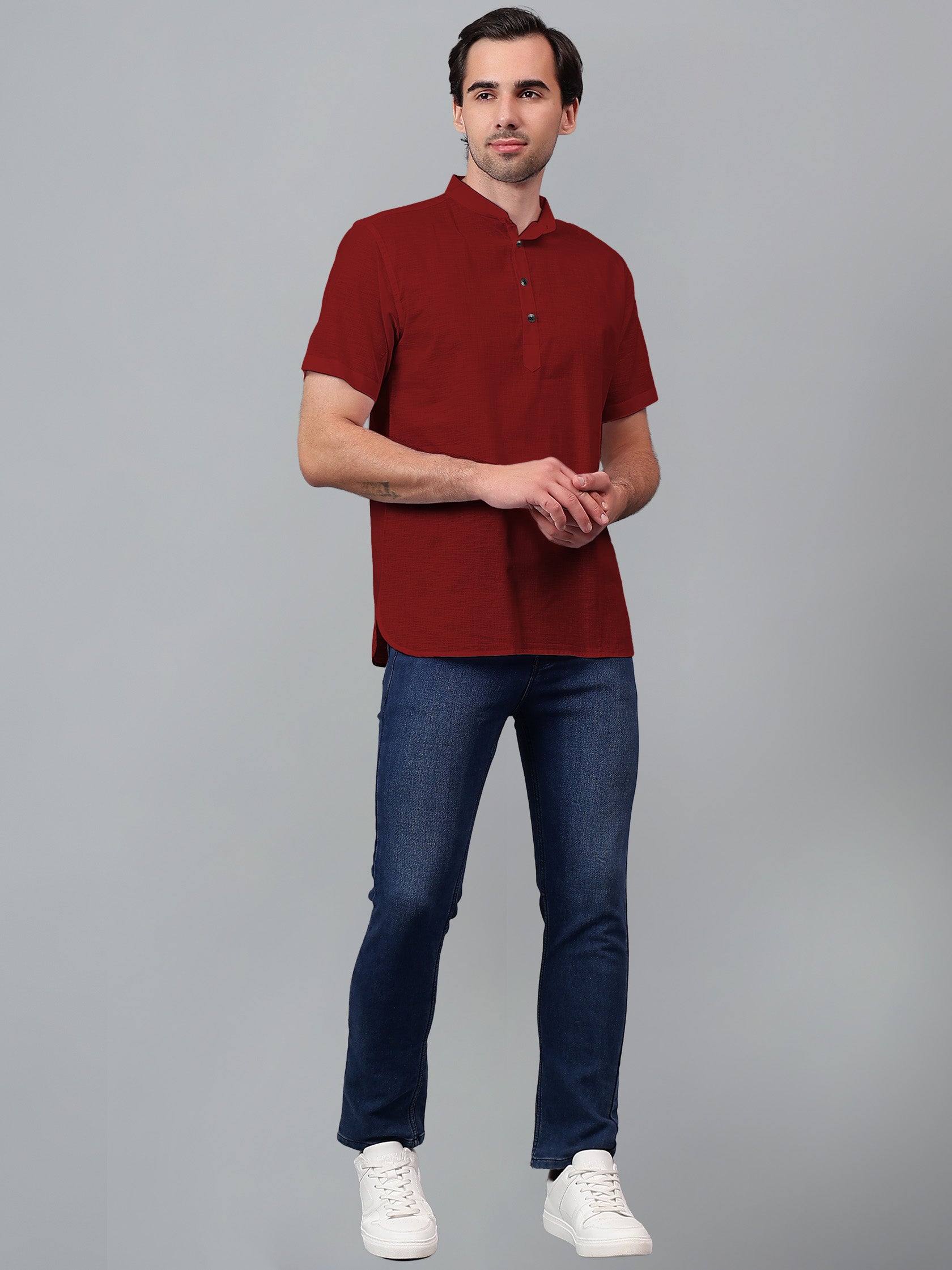 FireFish Men's Slim Fit Beige with Black Color Pure Cotton Half Sleeve Short Kurta Pack 2