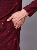 FireFish Men's Pista Chikankari Florist Sequined Long Kurta Set