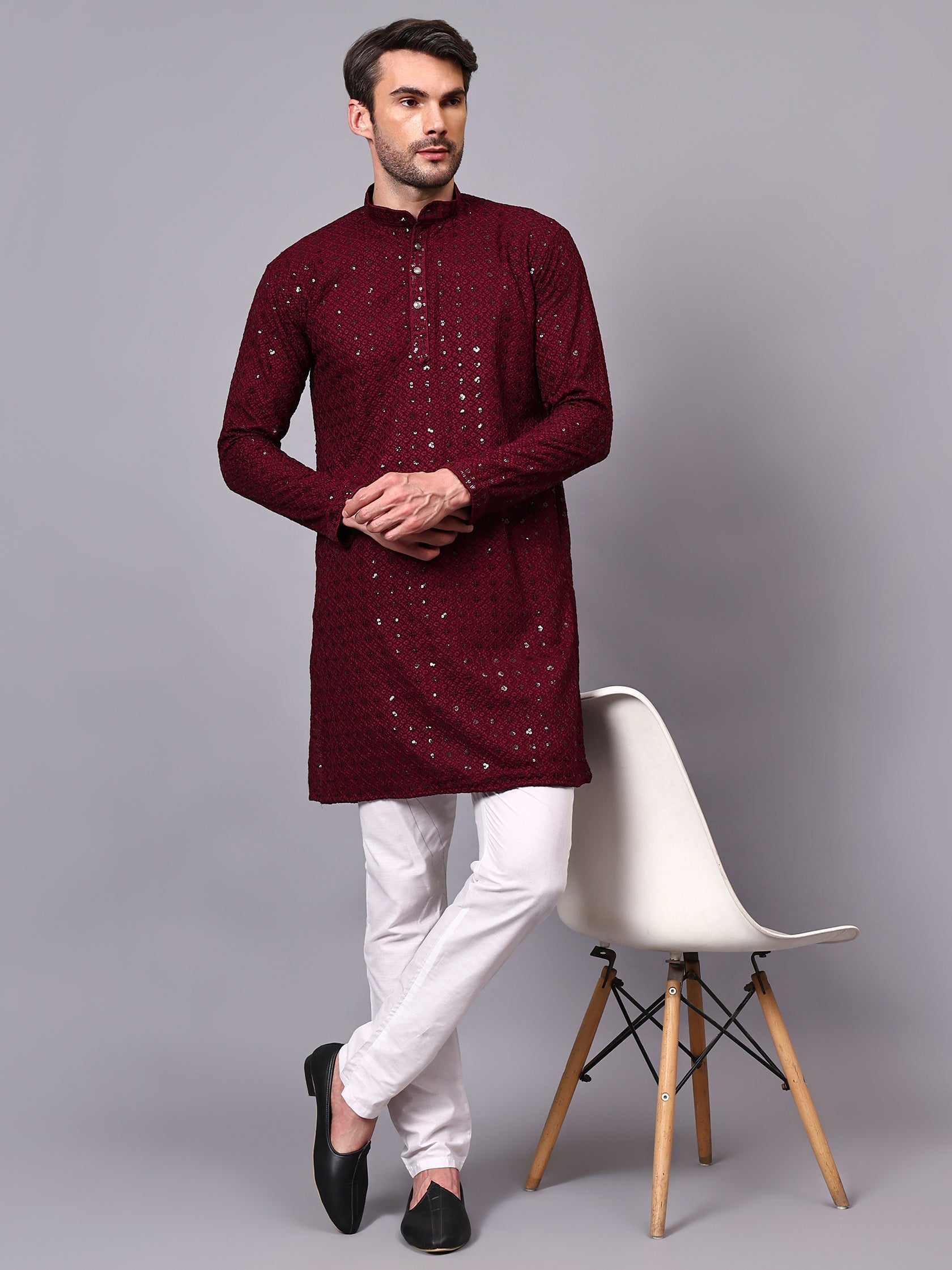 FireFish Men's Pista Chikankari Florist Sequined Long Kurta Set