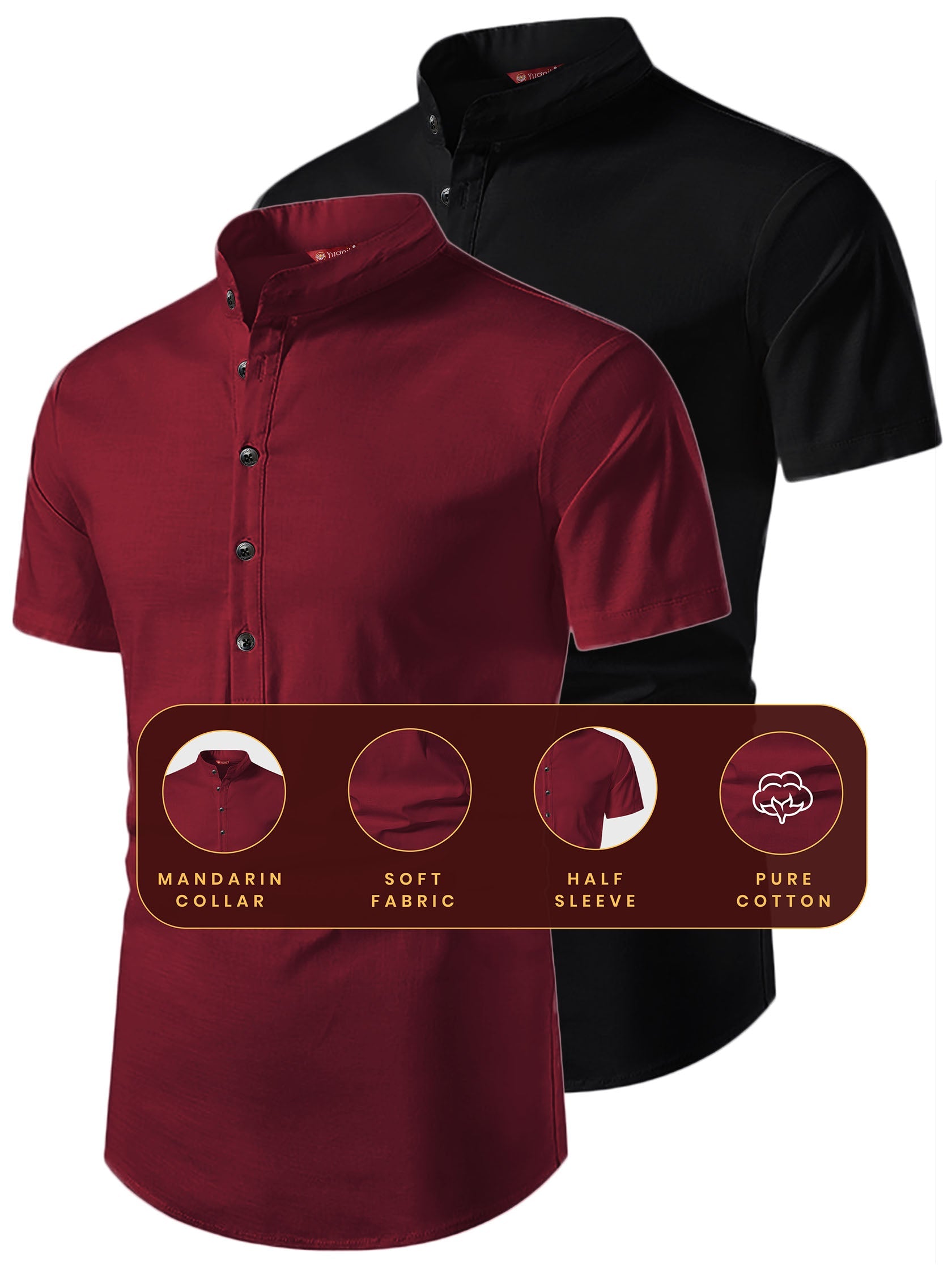 FireFish Men's Slim Fit Beige with Black Color Pure Cotton Half Sleeve Short Kurta Pack 2