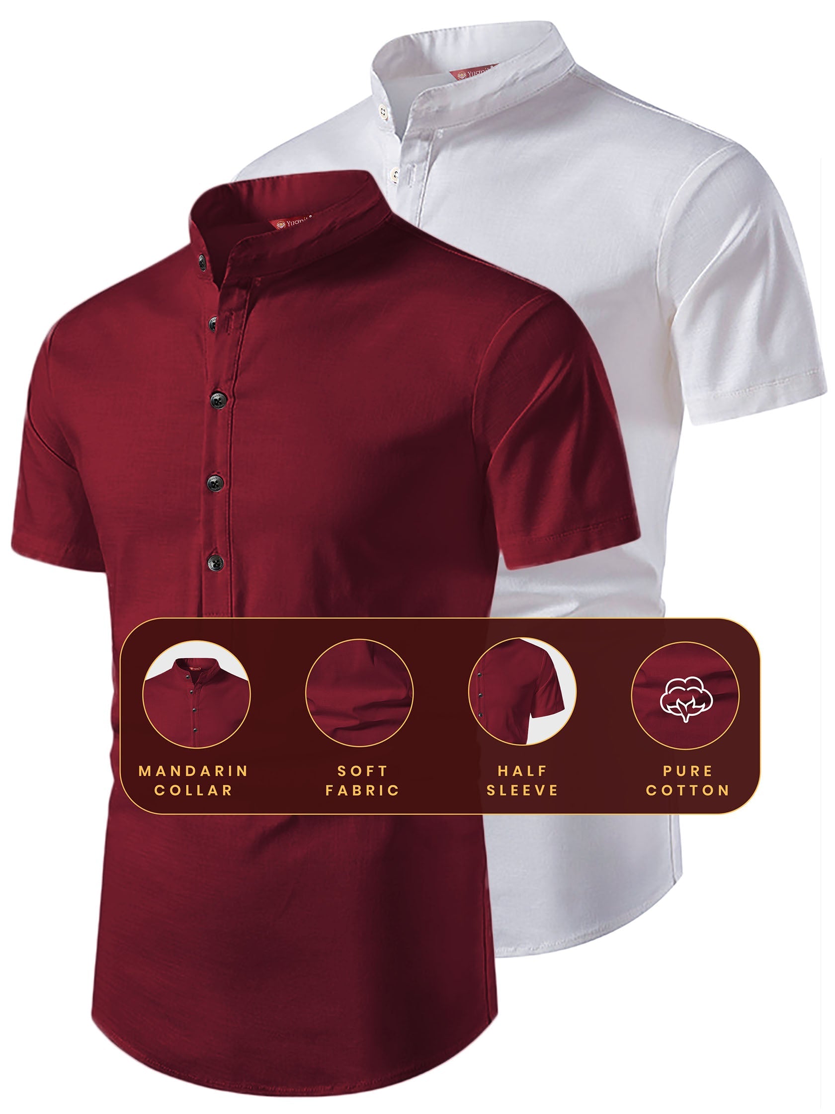 FireFish Men's Slim Fit Beige with White Color Pure Cotton Half Sleeve Short Kurta Pack 2