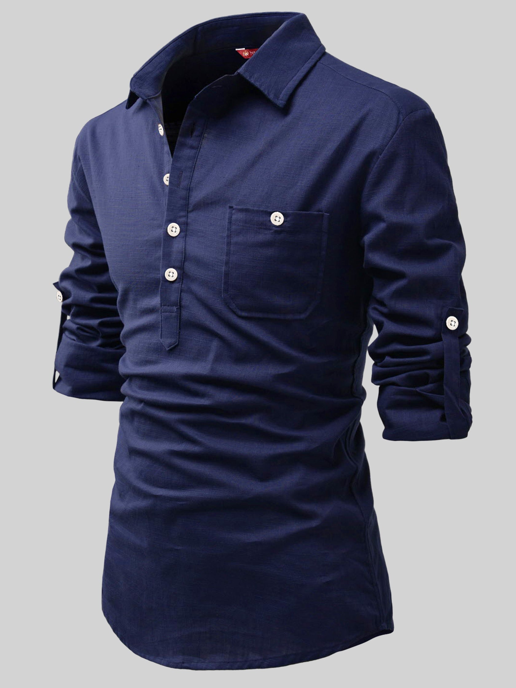 FireFish Men's Slim Fit Dark Teal With White Cotton Short Kurta Pack 2