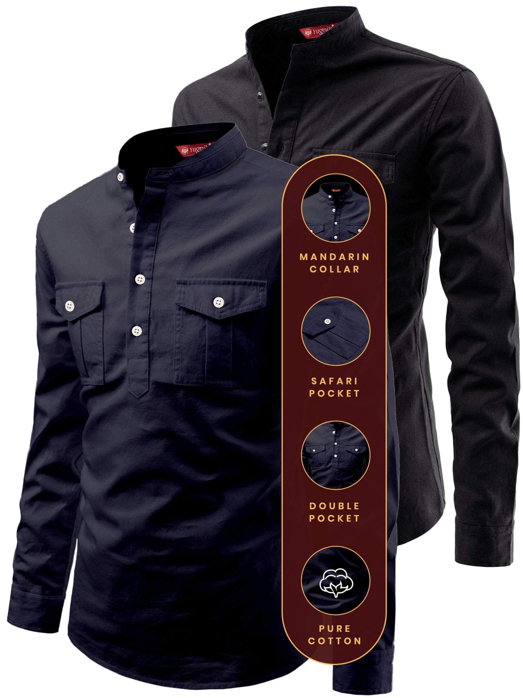 FireFish Men's Slim Fit Double Pocket Beige With Black Cotton Short Kurta Pack 2