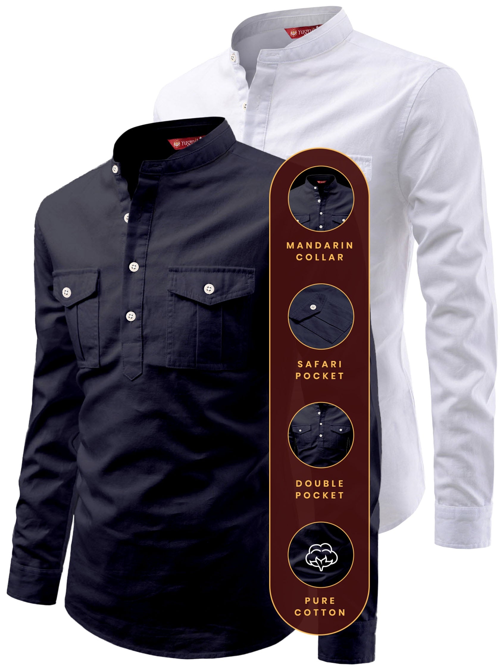 FireFish Men's Slim Fit Double Pocket Beige With White Cotton Short Kurta Pack 2
