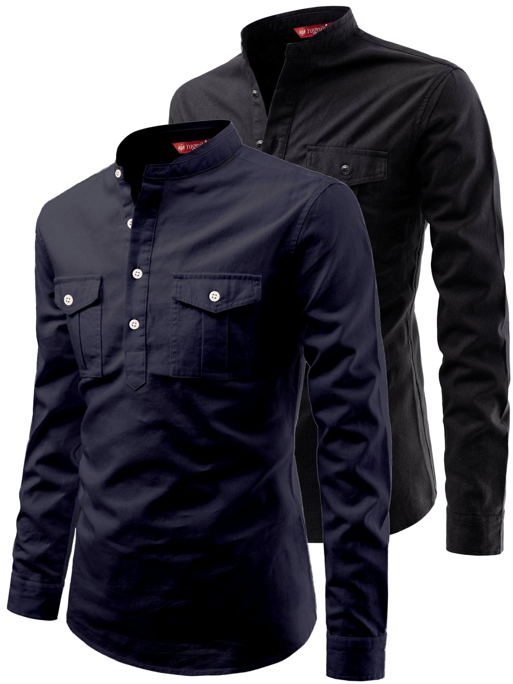 FireFish Men's Slim Fit Double Pocket Beige With Black Cotton Short Kurta Pack 2