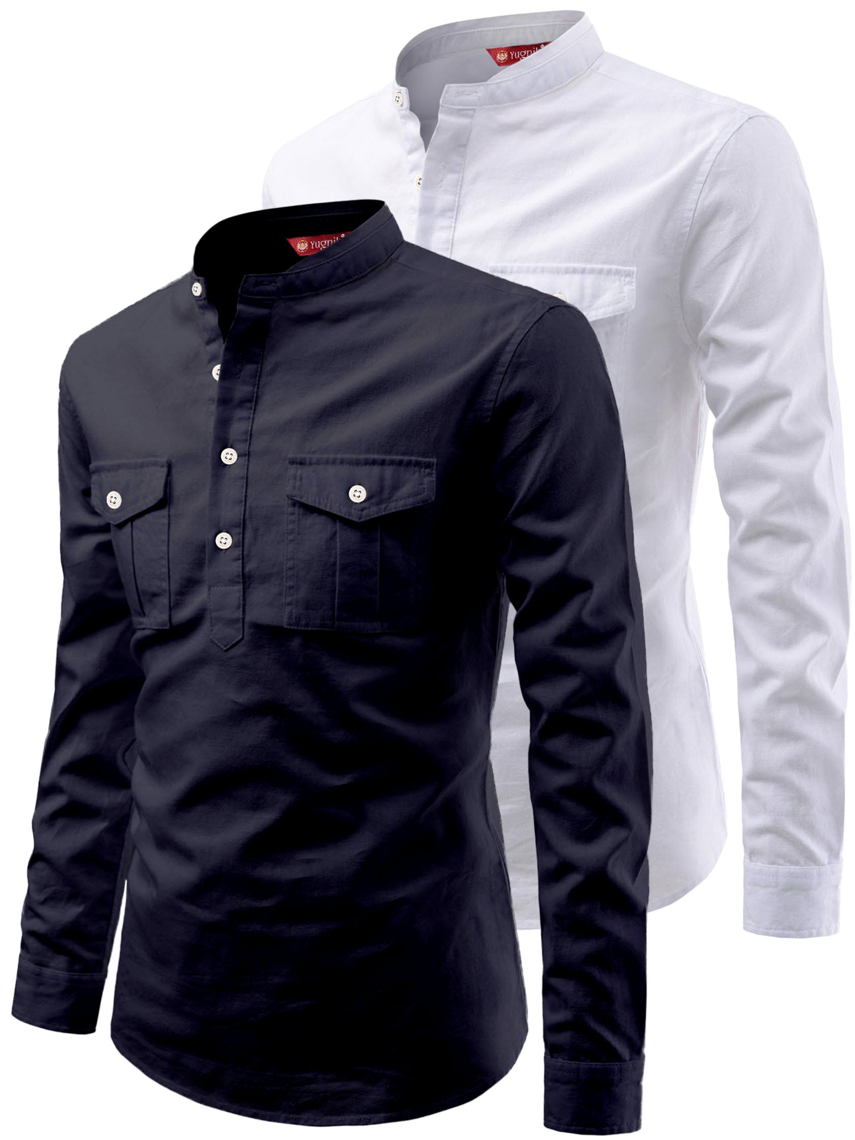 FireFish Men's Slim Fit Double Pocket Beige With White Cotton Short Kurta Pack 2