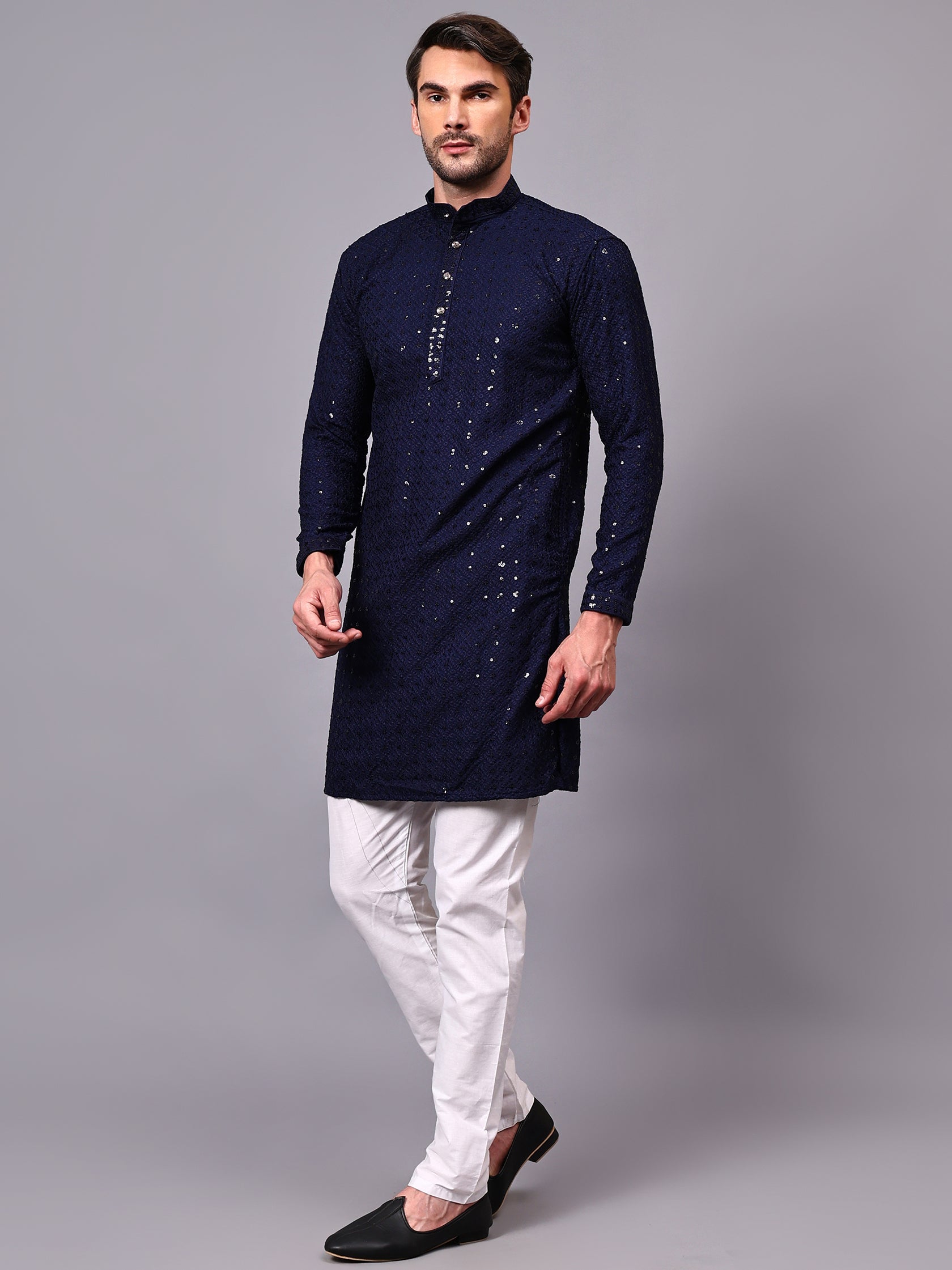 FireFish Men's Pista Chikankari Florist Sequined Long Kurta Set