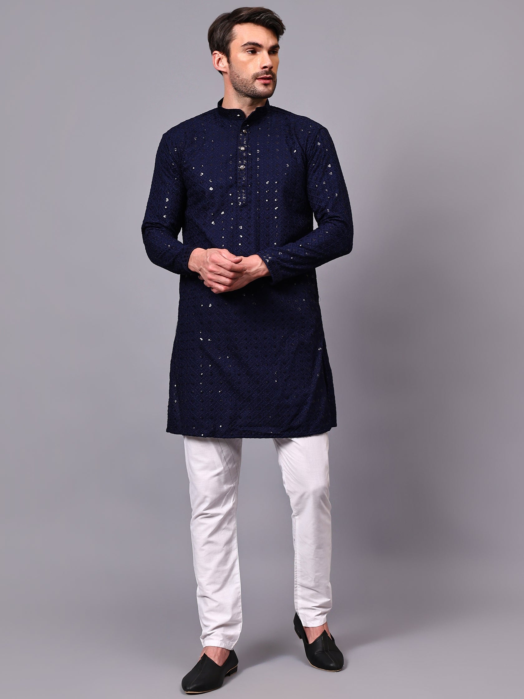 FireFish Men's Pista Chikankari Florist Sequined Long Kurta Set