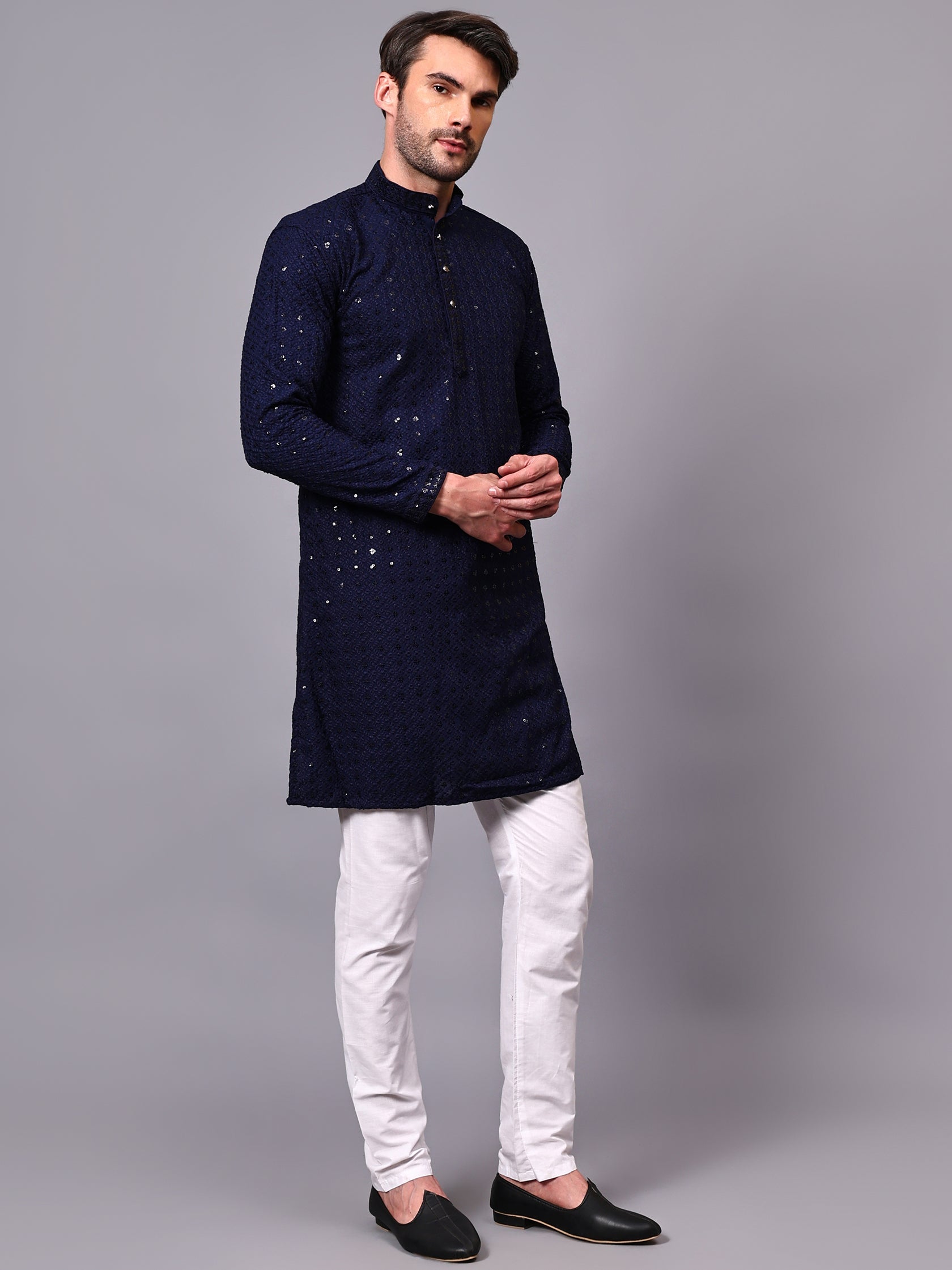 FireFish Men's Pista Chikankari Florist Sequined Long Kurta Set