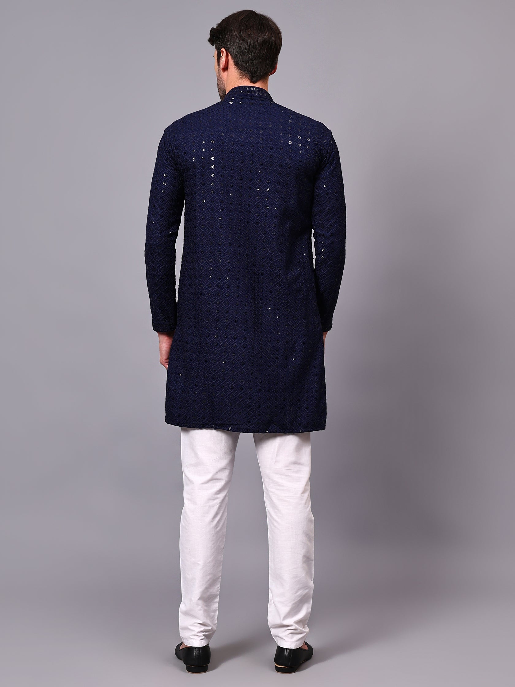 FireFish Men's Pista Chikankari Florist Sequined Long Kurta Set