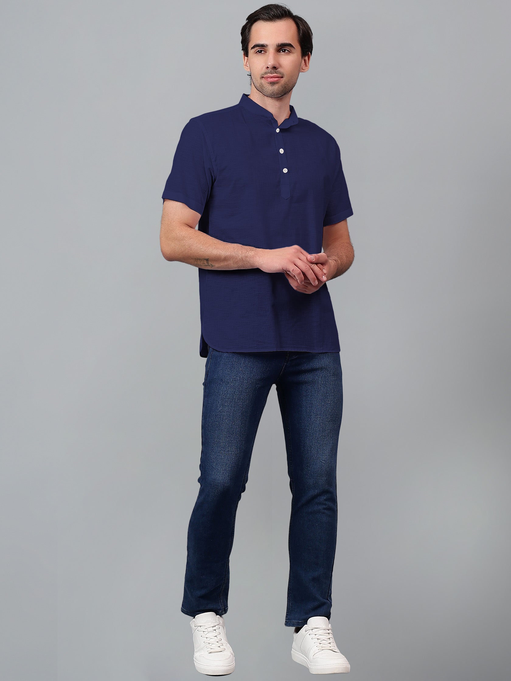 FireFish Men's Slim Fit Beige with Black Color Pure Cotton Half Sleeve Short Kurta Pack 2