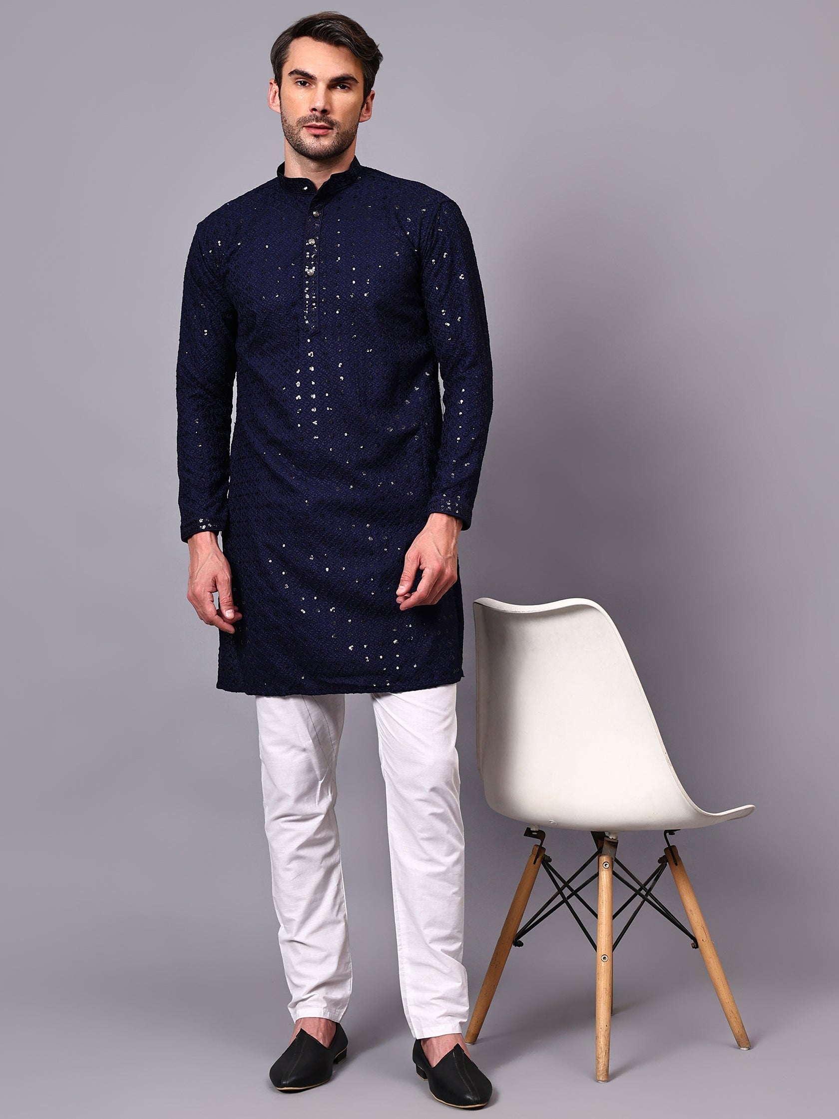FireFish Men's Pista Chikankari Florist Sequined Long Kurta Set