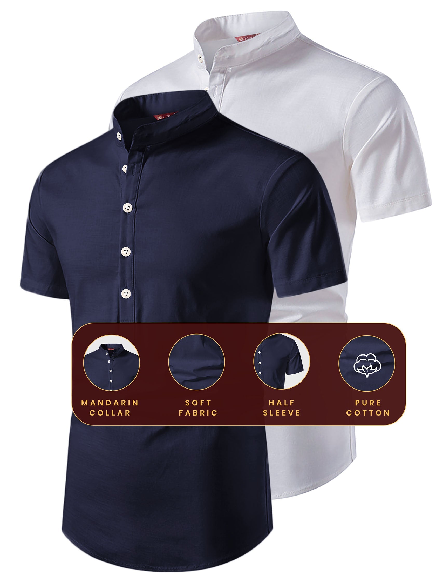 FireFish Men's Slim Fit Beige with White Color Pure Cotton Half Sleeve Short Kurta Pack 2
