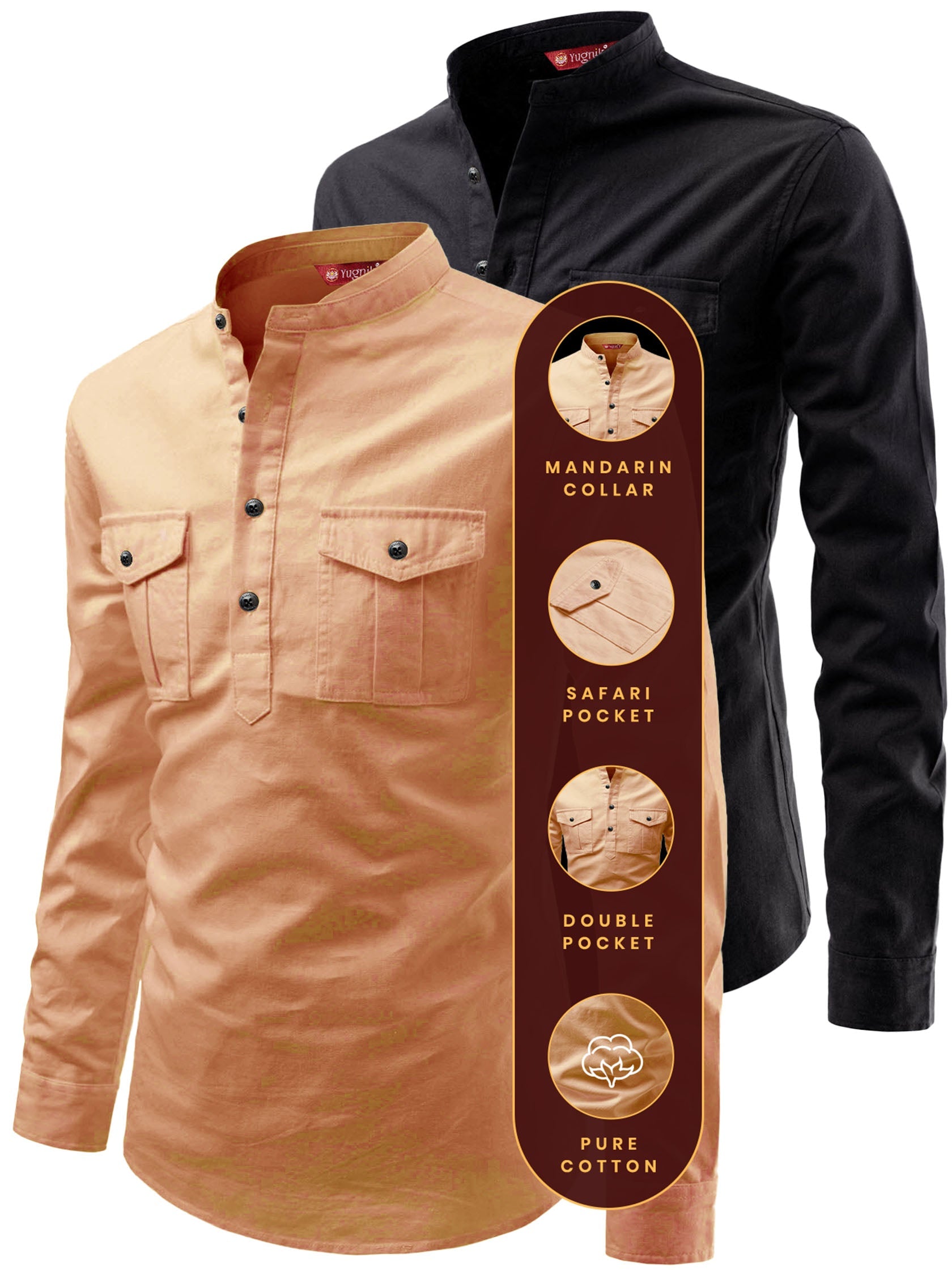FireFish Men's Slim Fit Double Pocket Beige With Black Cotton Short Kurta Pack 2