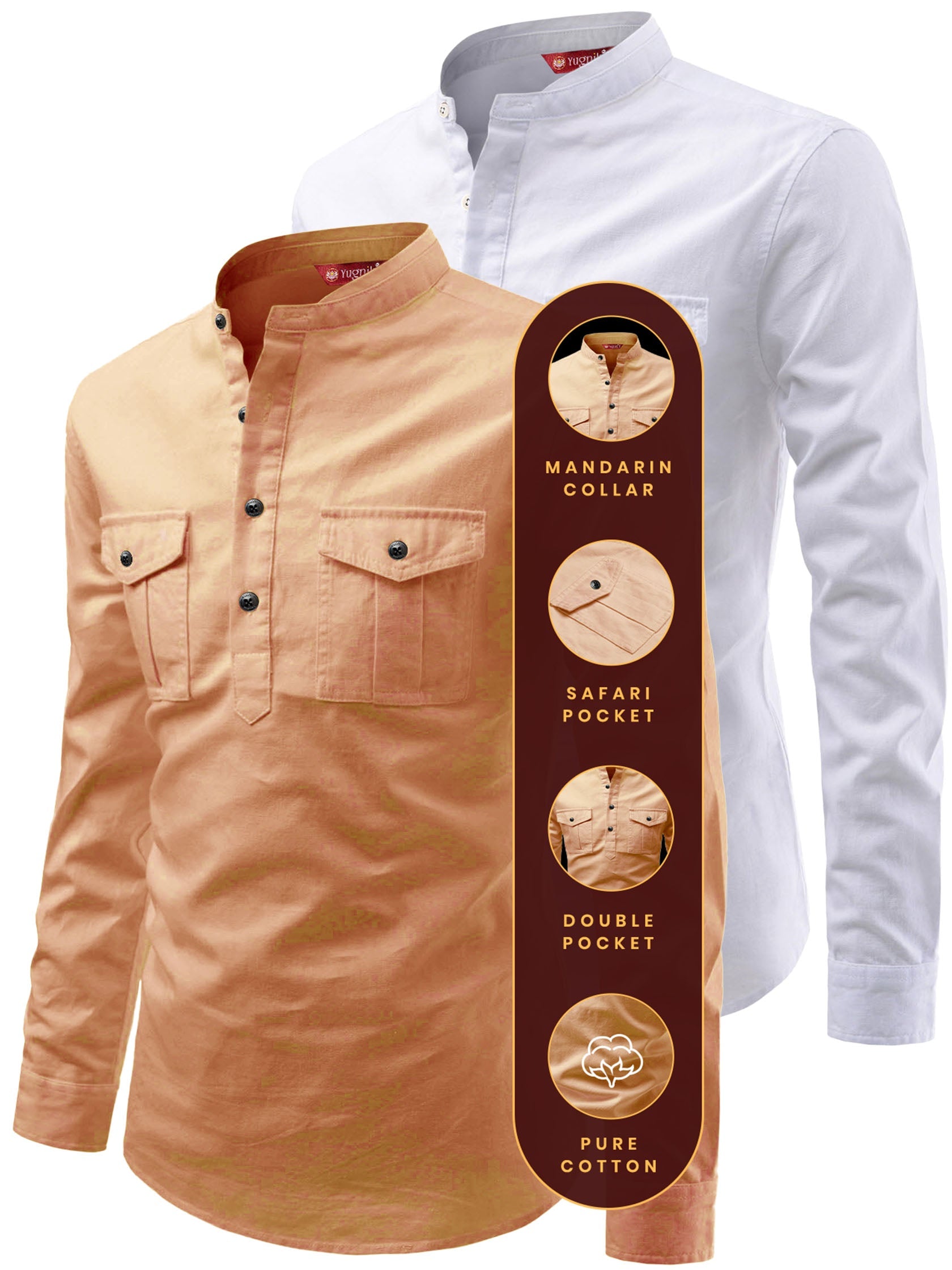 FireFish Men's Slim Fit Double Pocket Beige With White Cotton Short Kurta Pack 2