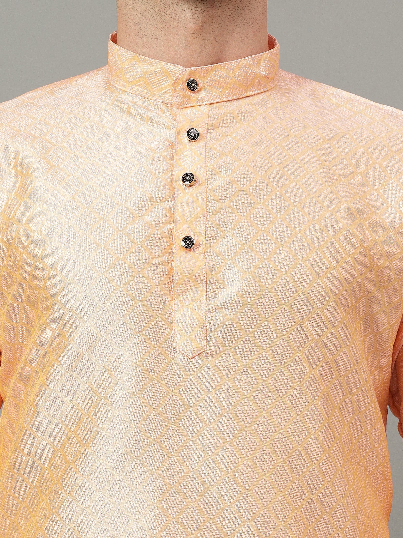 FireFish Brown Geometric Woven Design Straight Jacquard Kurta with Pyjamas Set