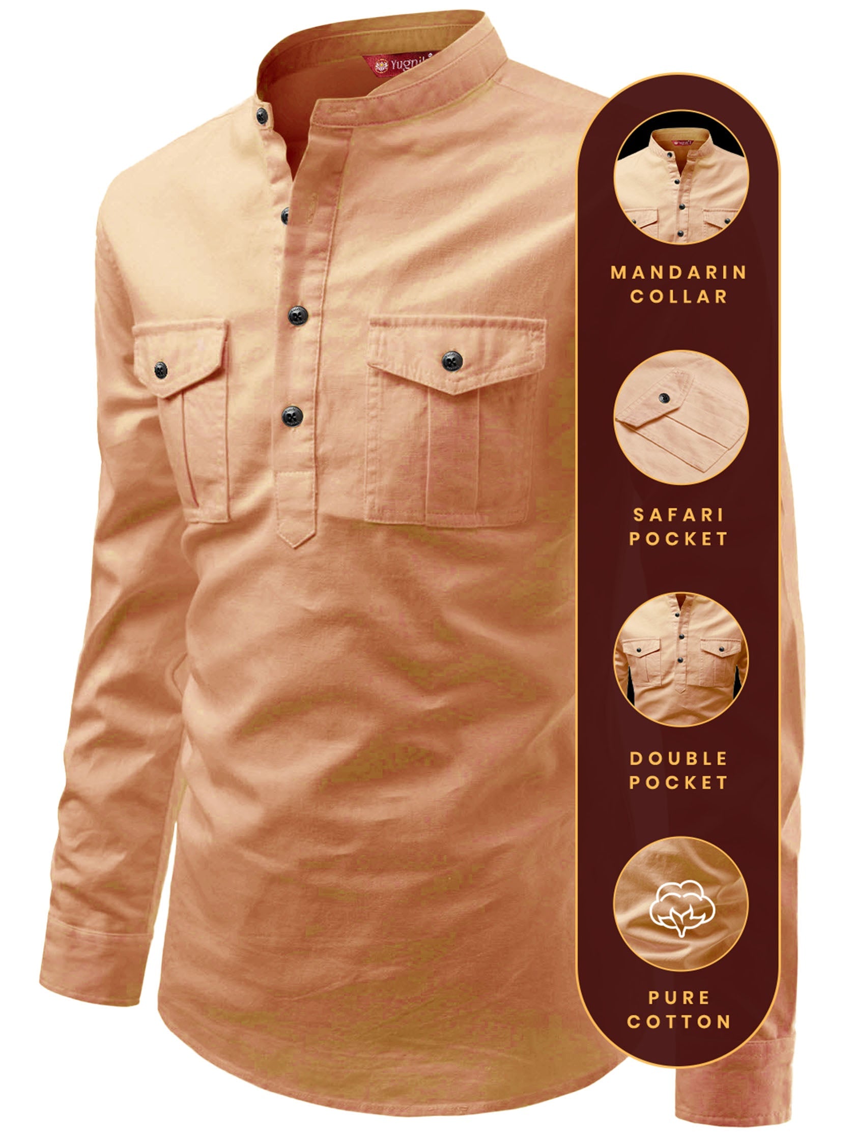 FireFish Men's Slim Fit Double Pocket Beige Color Pure Cotton Short Kurta
