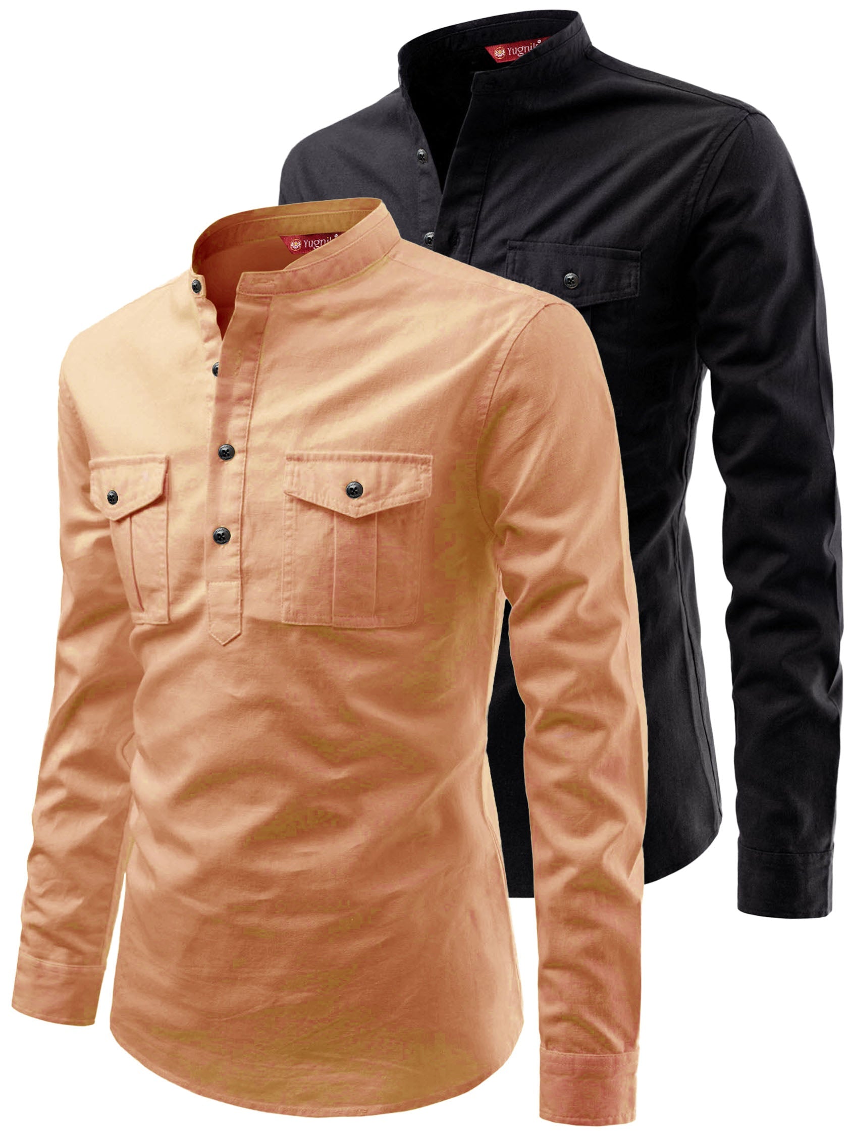 FireFish Men's Slim Fit Double Pocket Beige With Black Cotton Short Kurta Pack 2
