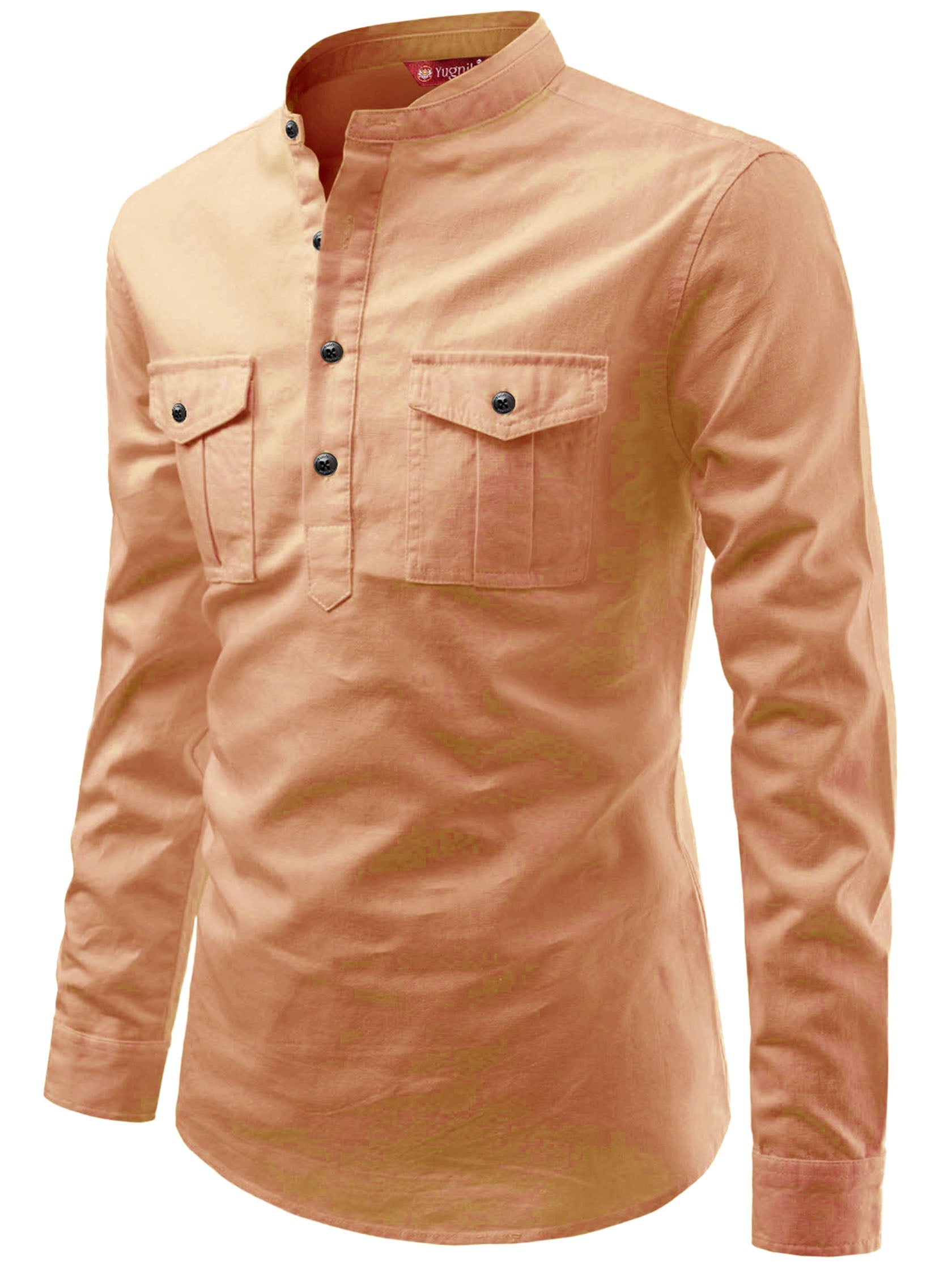 FireFish Men's Slim Fit Double Pocket Beige Color Pure Cotton Short Kurta