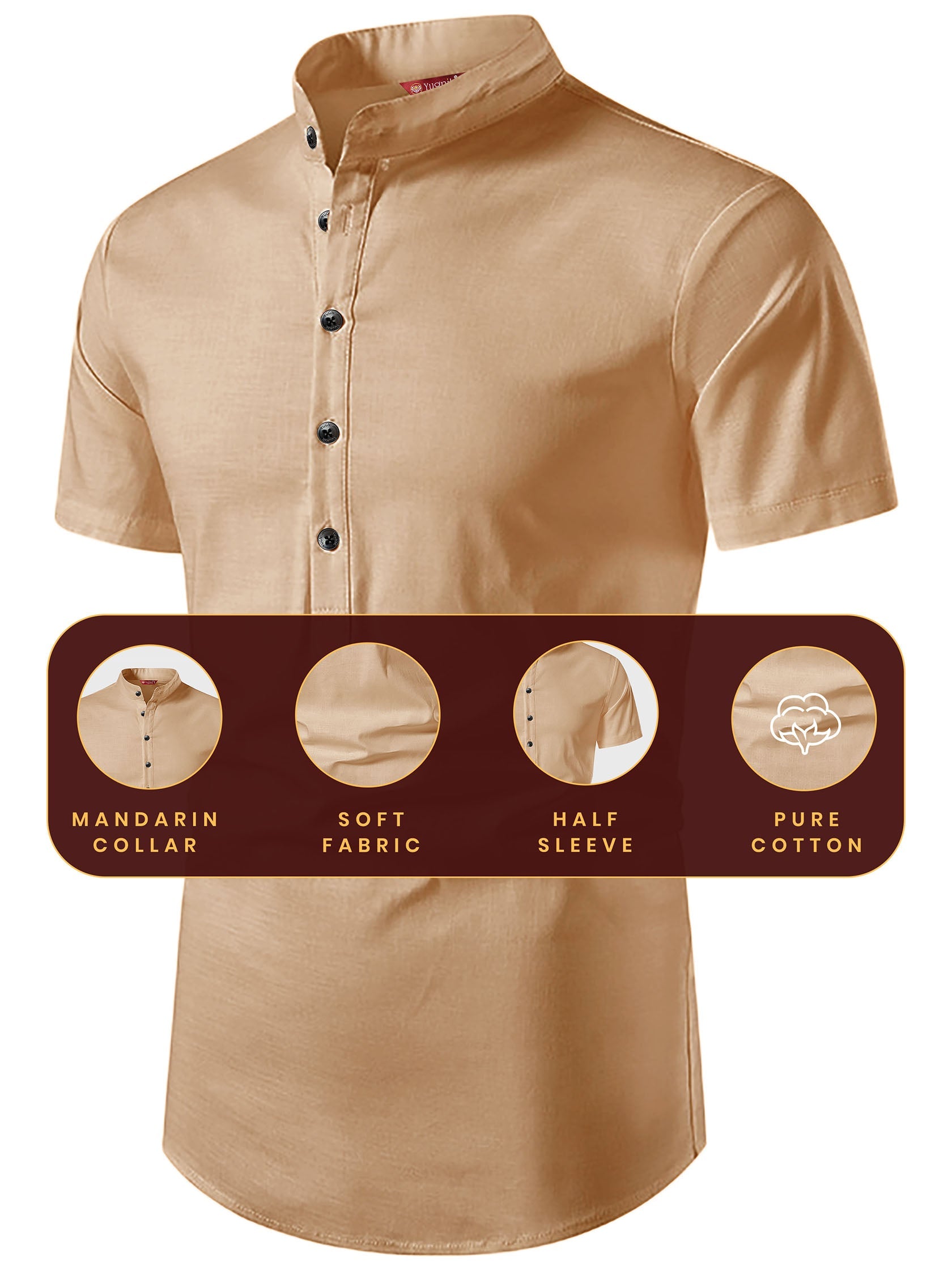 FireFish Men's Slim Fit Half Sleeve Beige Color Pure Cotton Short Kurta