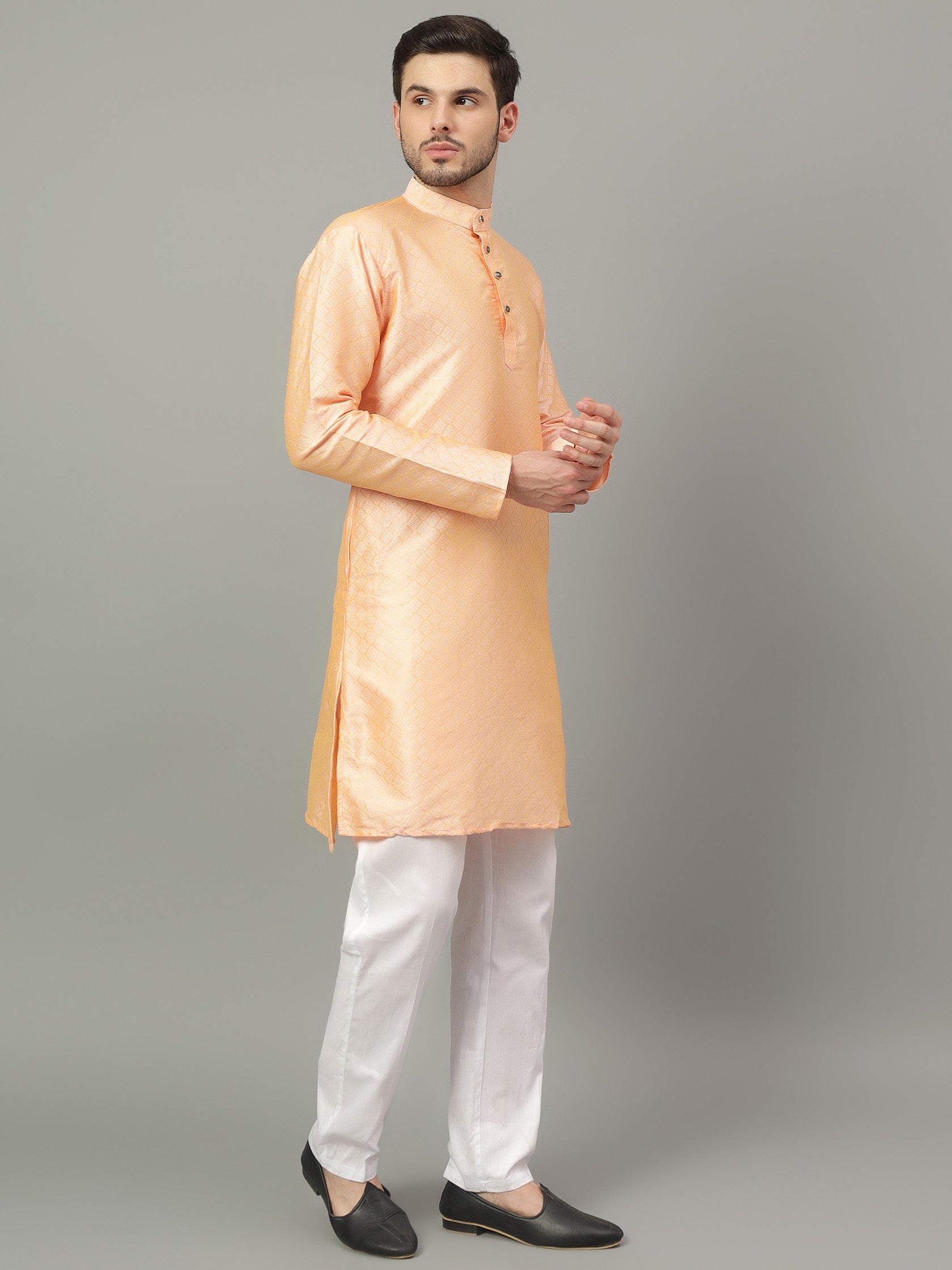 FireFish Brown Geometric Woven Design Straight Jacquard Kurta with Pyjamas Set