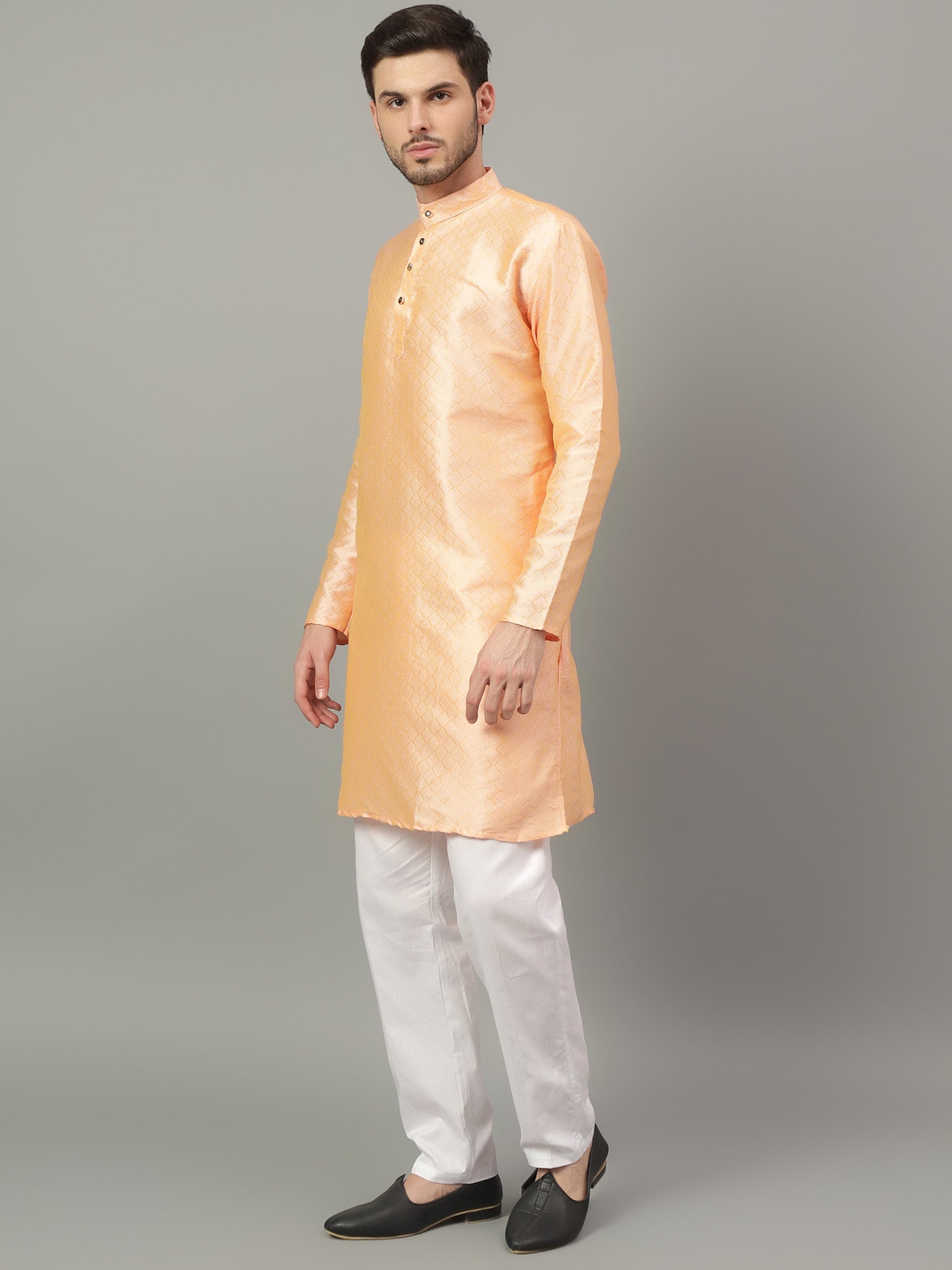 FireFish Brown Geometric Woven Design Straight Jacquard Kurta with Pyjamas Set