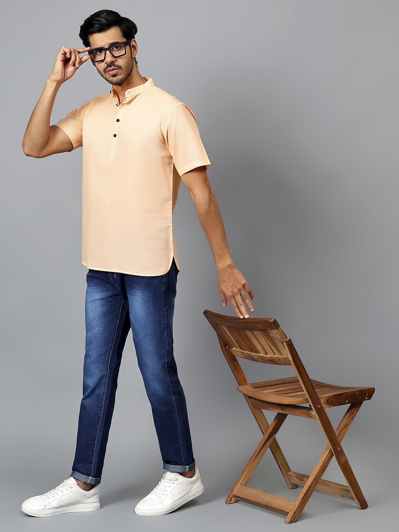 FireFish Men's Slim Fit Beige with White Color Pure Cotton Half Sleeve Short Kurta Pack 2