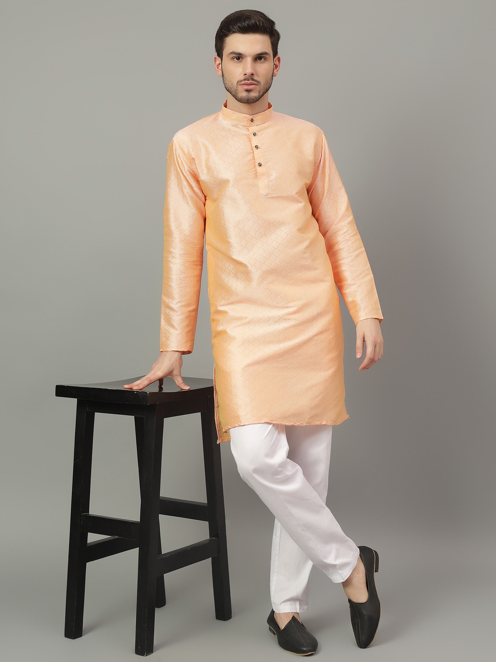 FireFish Brown Geometric Woven Design Straight Jacquard Kurta with Pyjamas Set