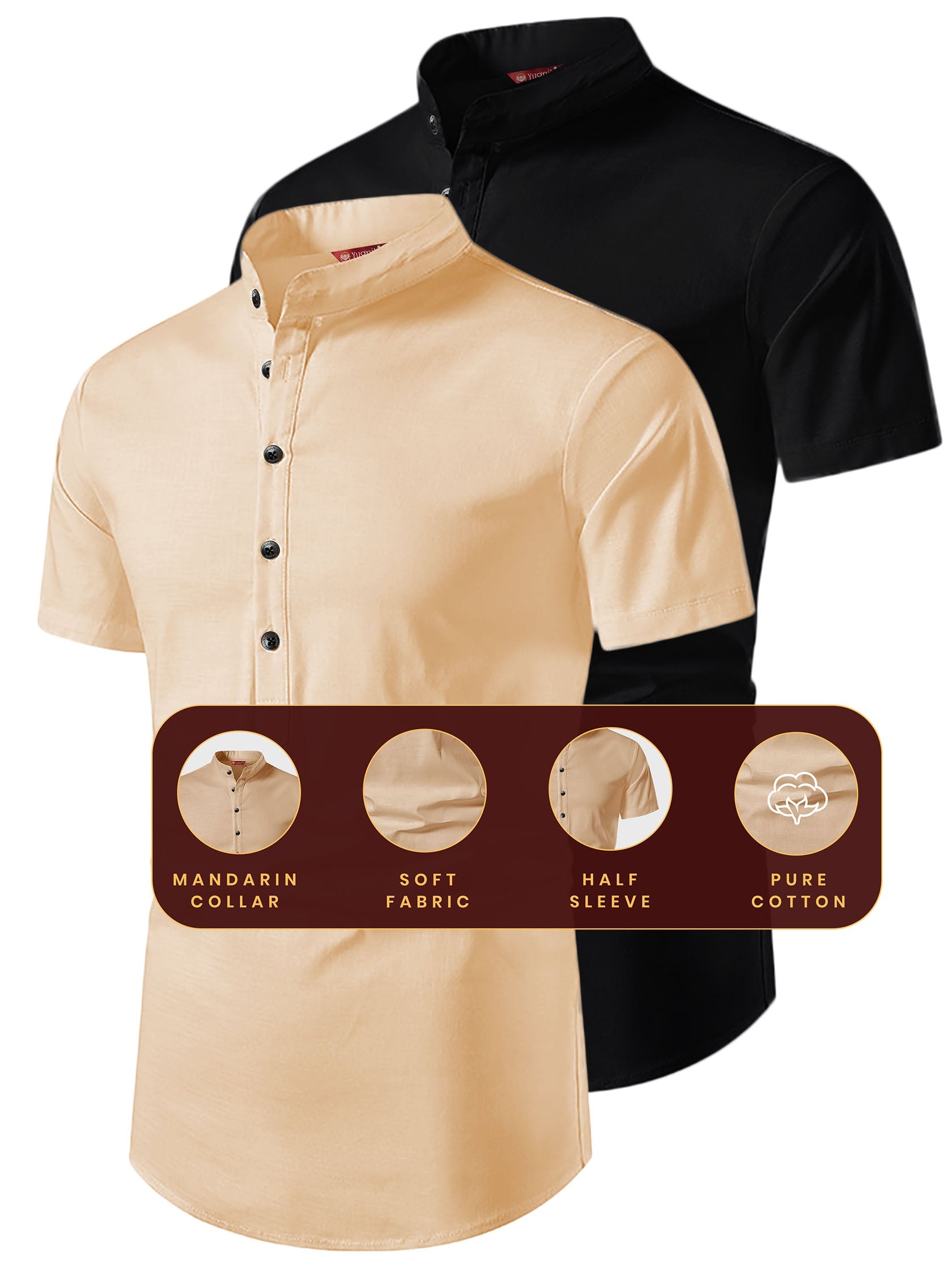 FireFish Men's Slim Fit Beige with Black Color Pure Cotton Half Sleeve Short Kurta Pack 2