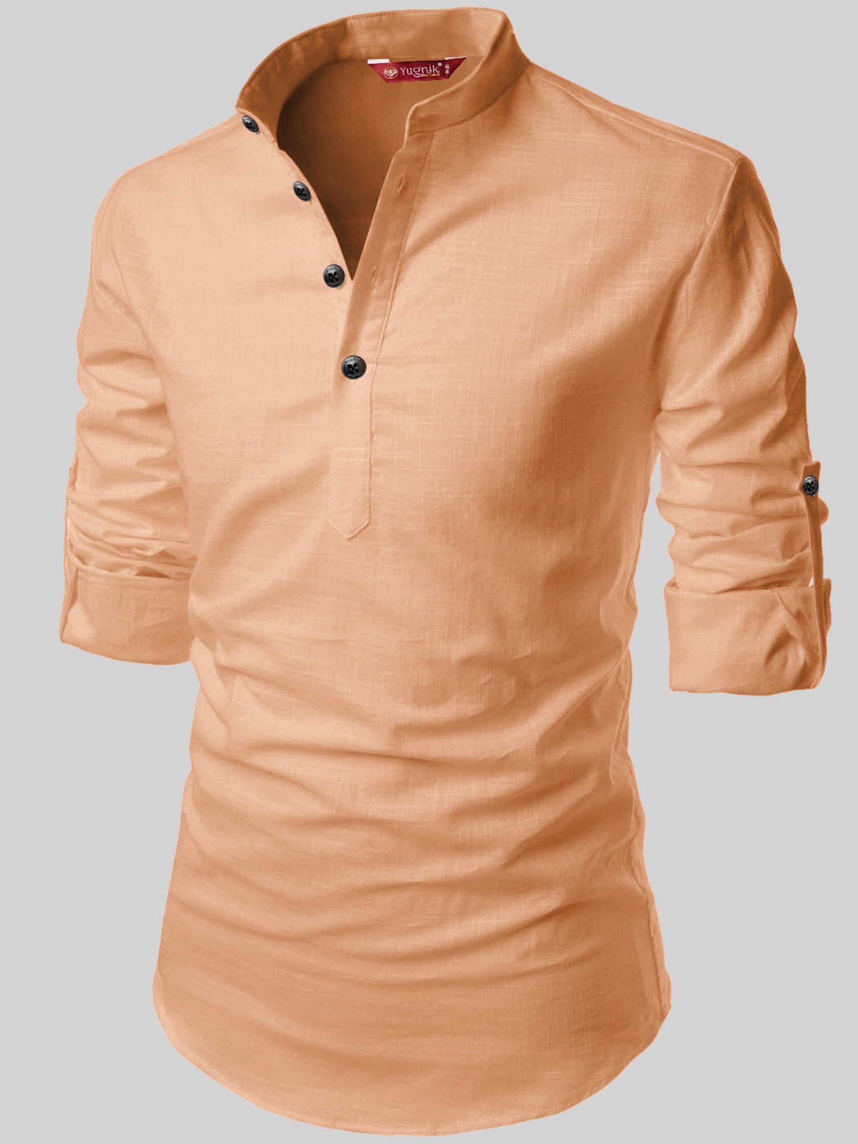 FireFish Men's Slim Fit Full Sleeve Yellow Cotton Short Kurta