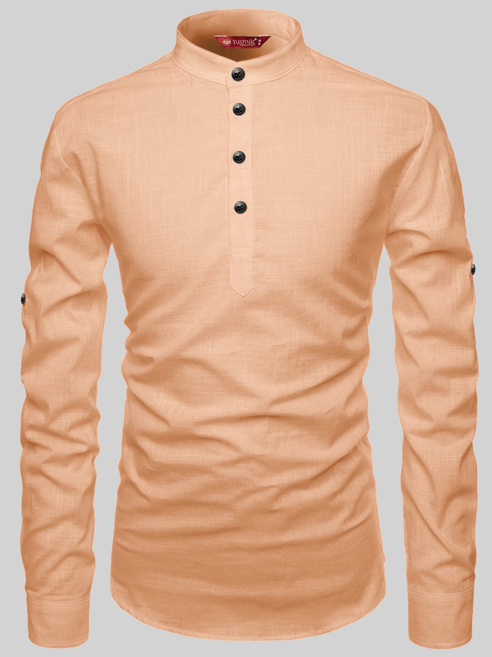 FireFish Men's Slim Fit Full Sleeve Yellow Cotton Short Kurta